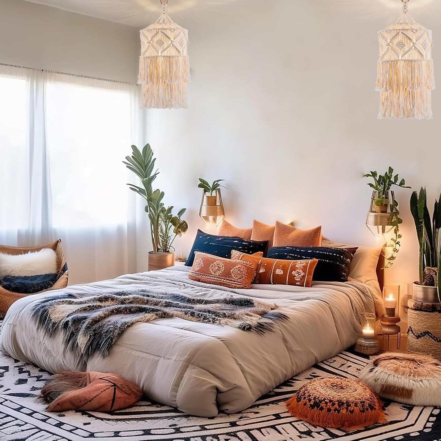 Boho Plug in Pendant Light, Hanging Light with Plug in Cord, Hanging Lamp with Handmade Macrame Lamp Shade