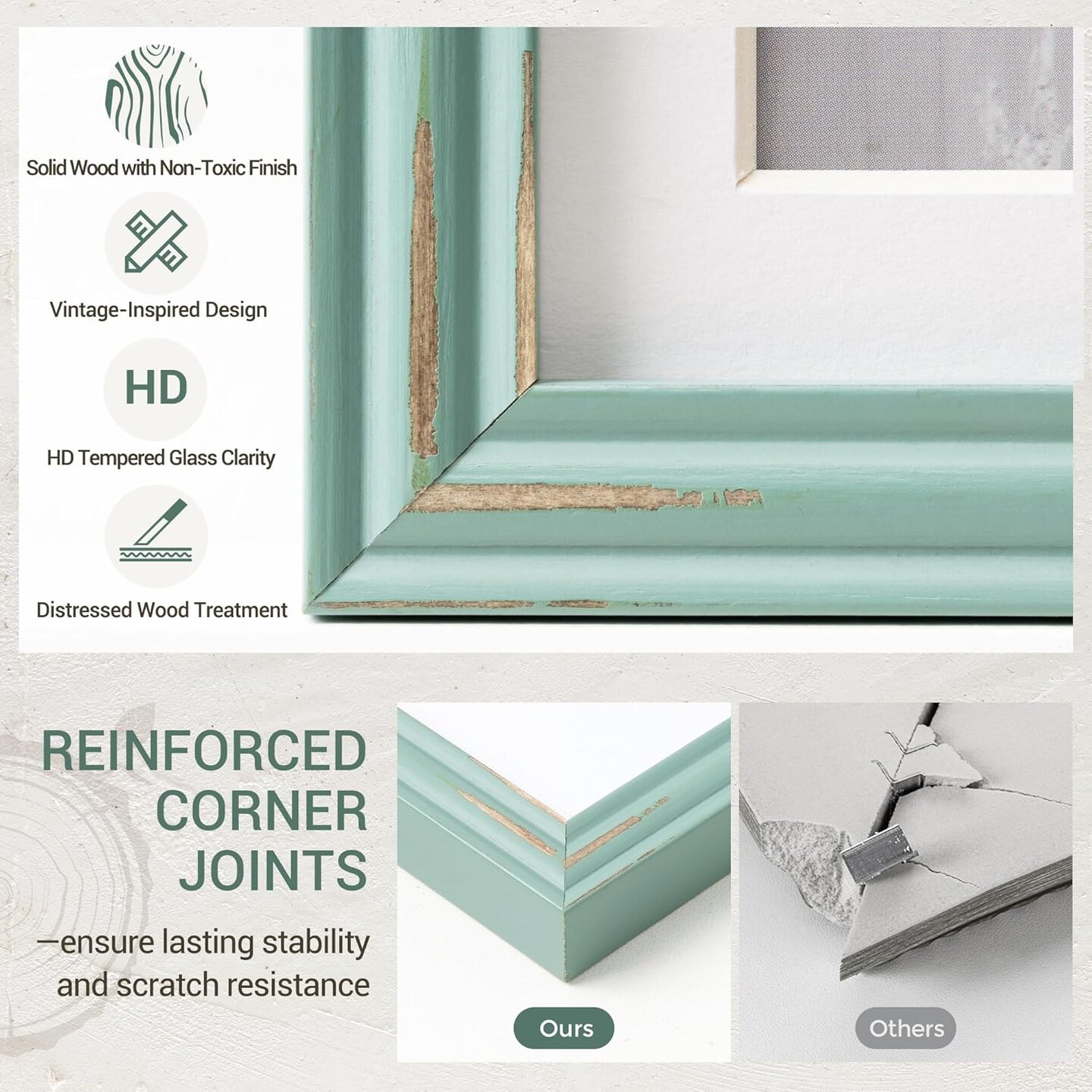 5x7 inch Picture Frame, Solid Distressed Wood Photo Frame with HD Tempered Glass, Rustic Retro Picture Frame with Removable Mat, Wall or Tabletop Display - Vintage Teal, 1 Pack