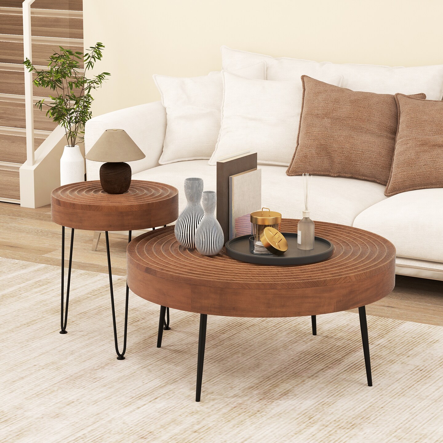 Nesting Coffee Tables Set of 2 Round Wood Top for Living Room