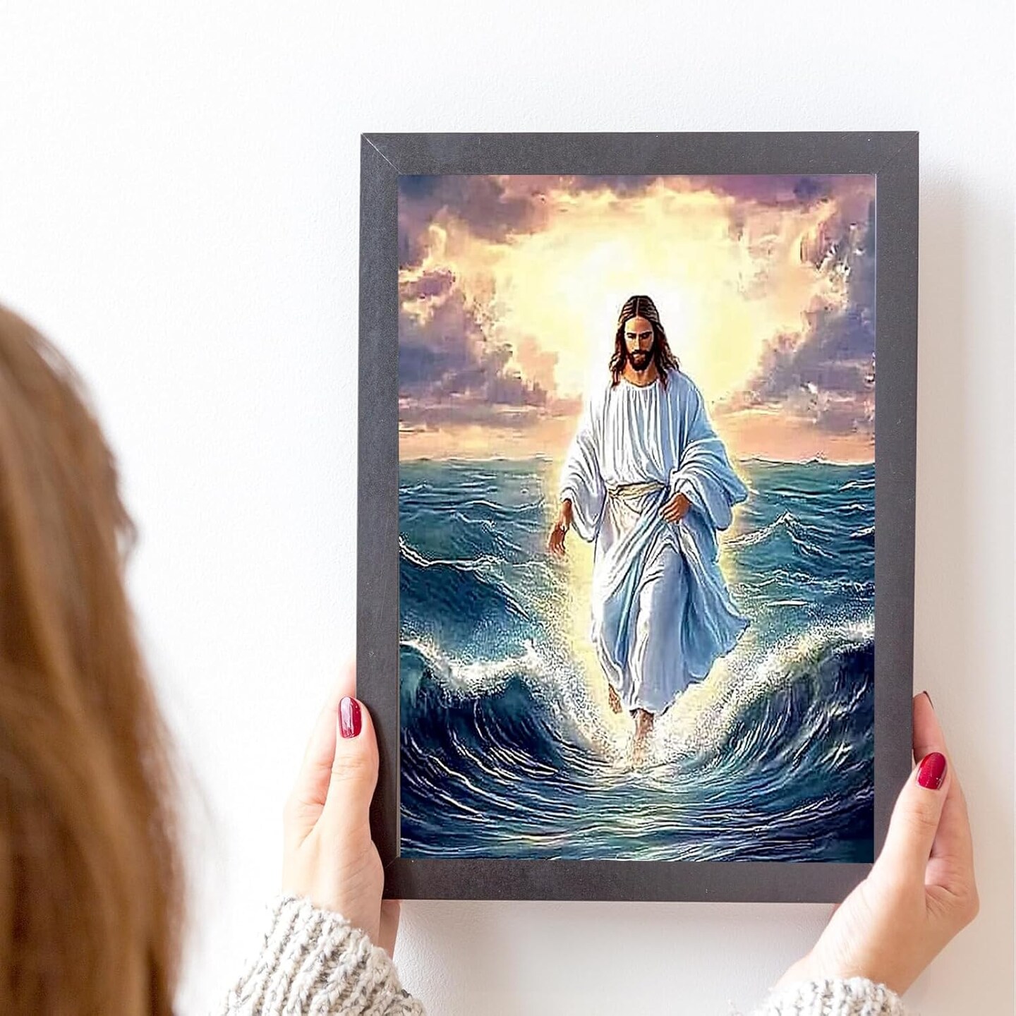 Jesus Walk On Sea Diamond Painting Kits for Adults, 5D Jesus Christ Diamond Art Kits, Full Round Diamond Dots Painting with Numbers,Religious Christmas Beads Gem Art for Decor12x16Inches