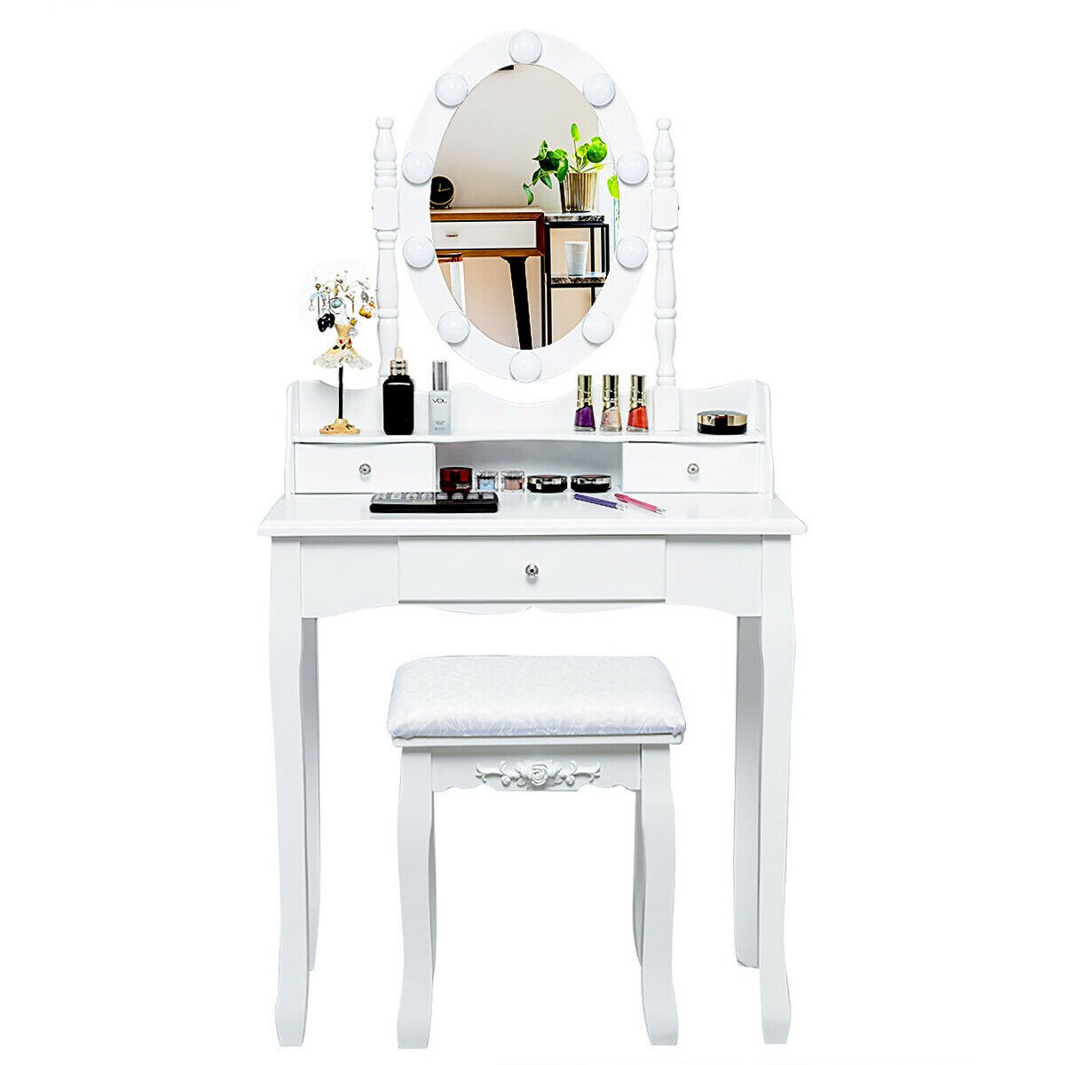 Modern White 3 Drawers Vanity Table with LED Mirror and Cushioned Stool Dressing Table for Girls