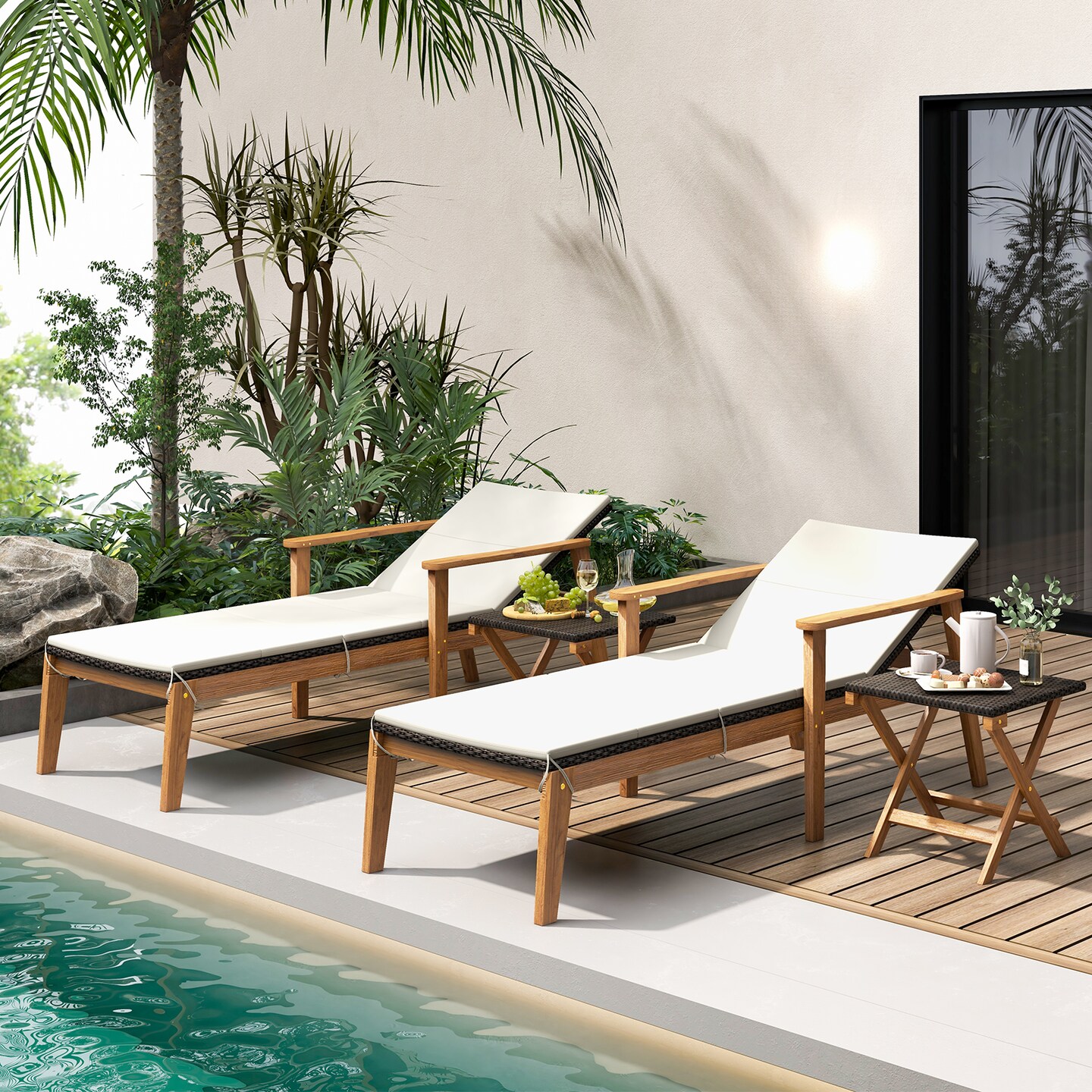 2-Piece Outdoor Patio Chaise Lounge Set with Folding Coffee Table