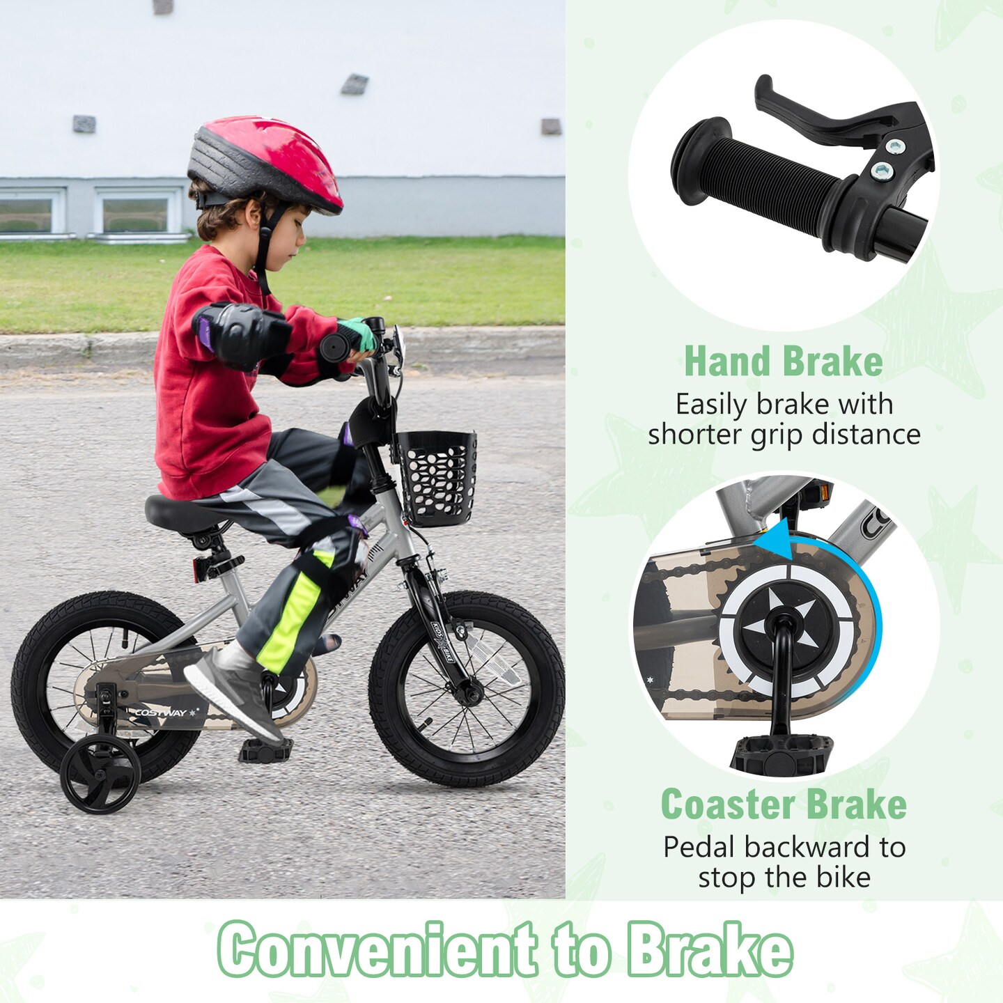 Children’s Bike with Training Wheels and Enclosed Chain Guard, Hand Brake Basket Reflectors