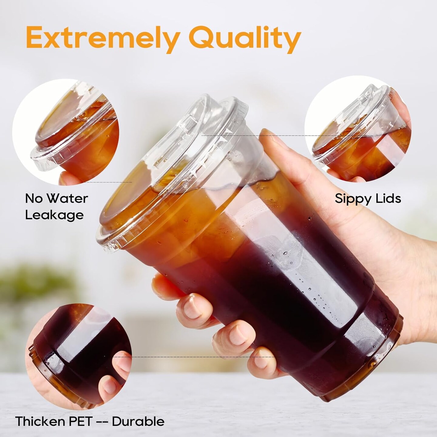 20 OZ 200 Sets Clear Plastic Cups with Strawless Sip Lids, To Go Crystal Clear Disposable Plastic Cups with Lids for Iced Coffee, Smoothies, Soda, Lemonade, Cold Beverage