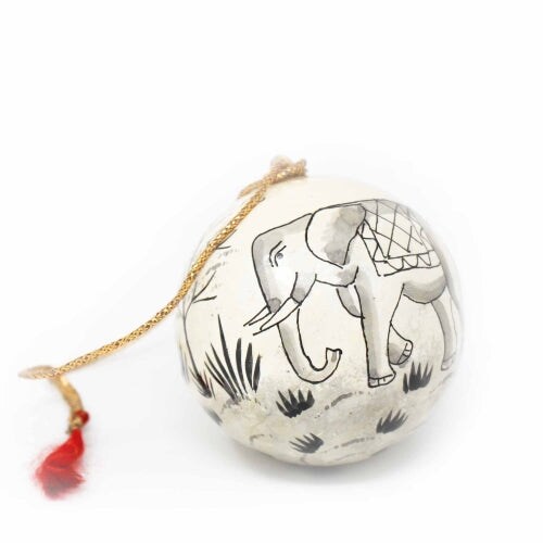 Set of 3 White Paper Christmas Ornaments with Hand Painted Elephant Design and Glossy Finish