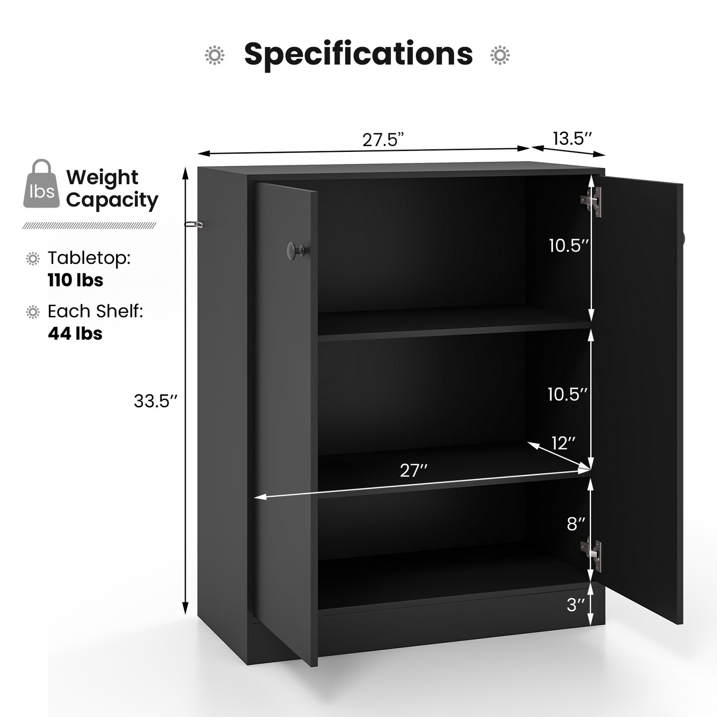 Contemporary 3-Tier Modern Black MDF Side Cabinet with Adjustable Shelves and 2 Closed Doors