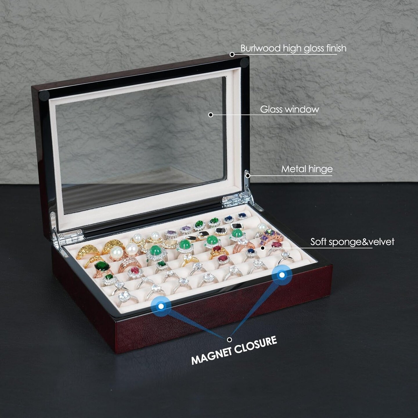 Wooden Ring Box Earring Storage Box Jewelry Organizer for Women, Top Glass Window - Magnet Closure, Men's Cufflink Box At Least for 24 pairs Cufflinks or 40 Rings Holder Display (Burgundy)