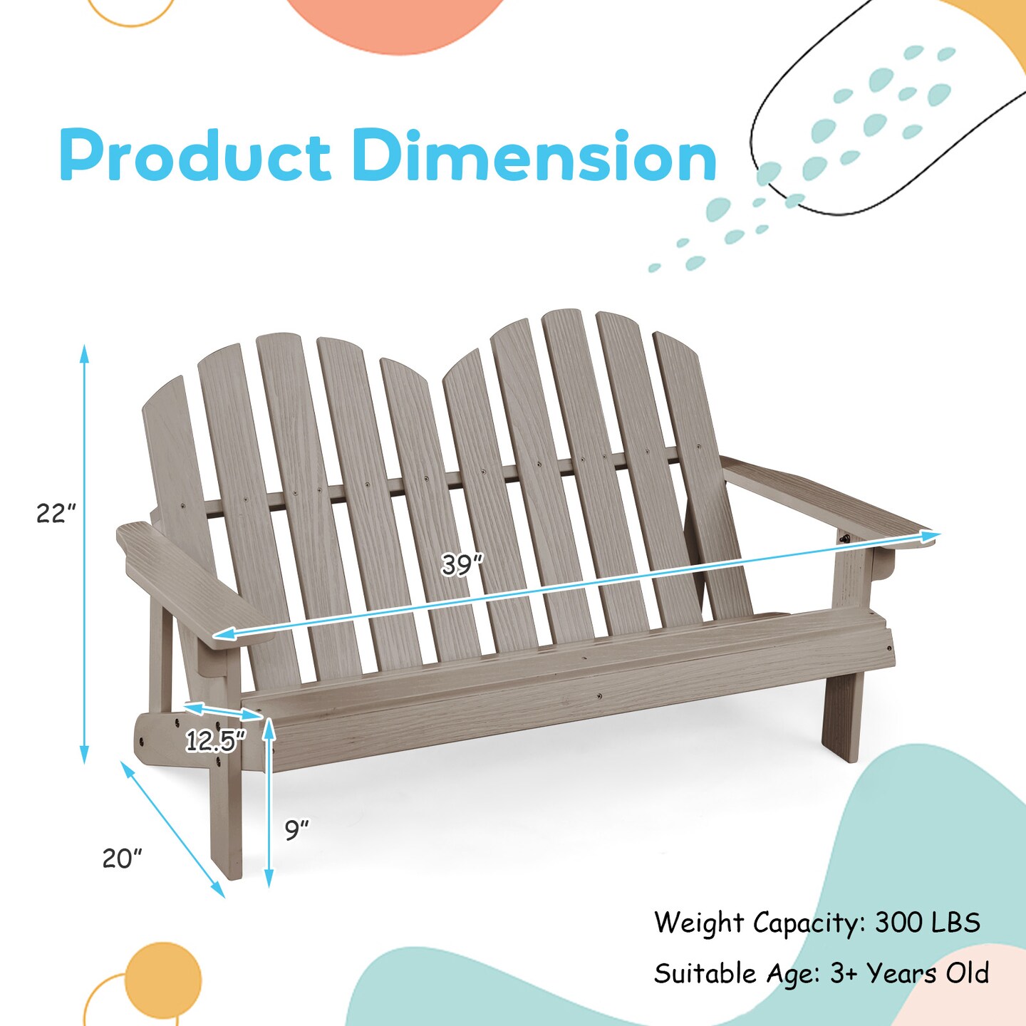2 Person Grey Adirondack Chair for Kids Crafted from Fir Wood with Waterproof Paint and Breathable Seat