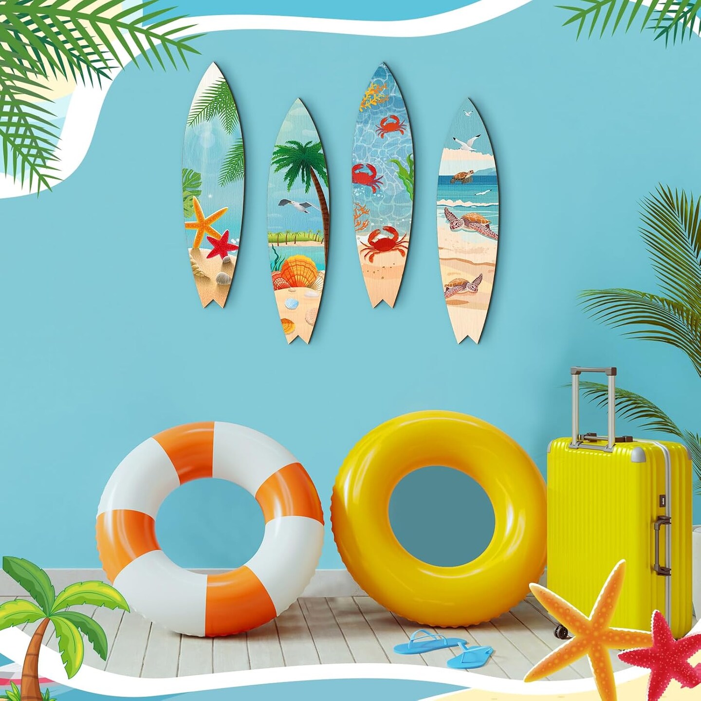 4 Pcs 15.75 x 3.94 Inch Beach Surfboard Wall Decor Wooden Summer Marine Life Surfboard Wall Hanging Sign Sea Turtle Starfish Shell Crab Summer Theme Decor for Hawaiian Luau Birthday Party