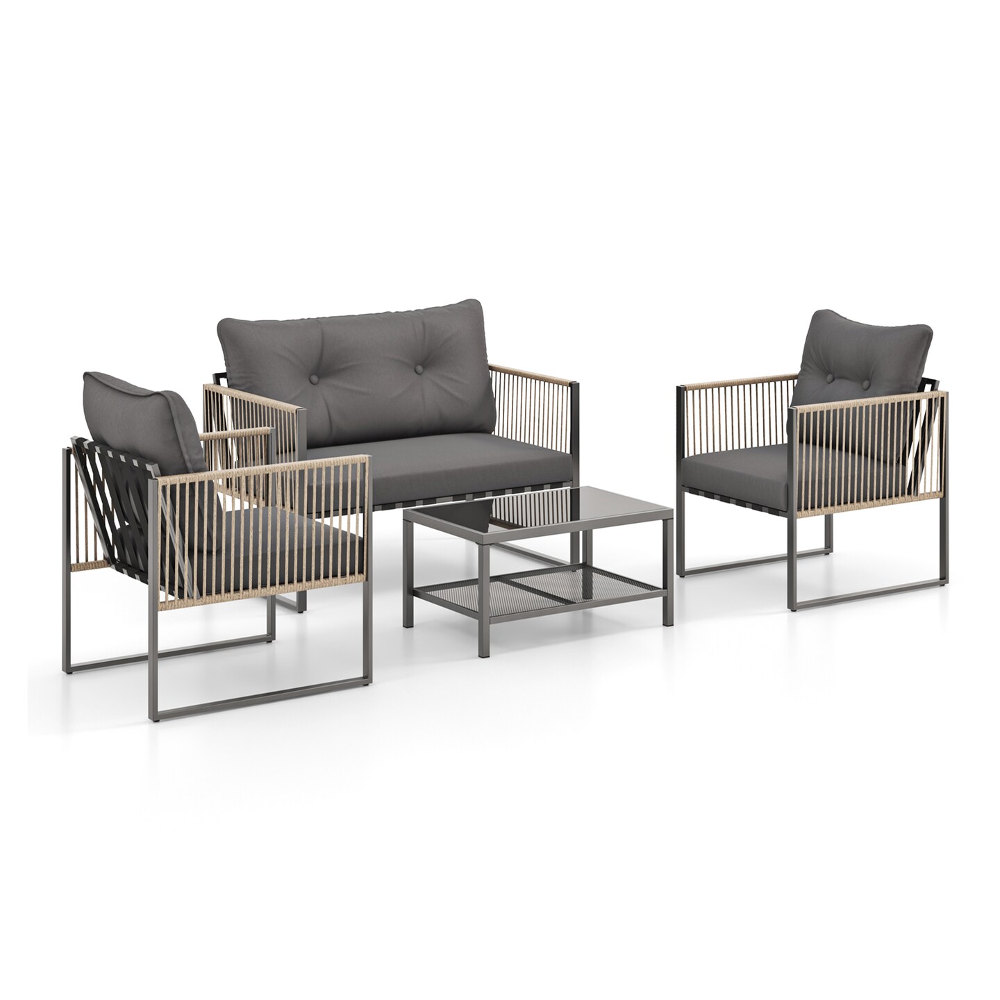 4-Piece Outdoor PE Rattan Patio Set Gray Cushioned Loveseat