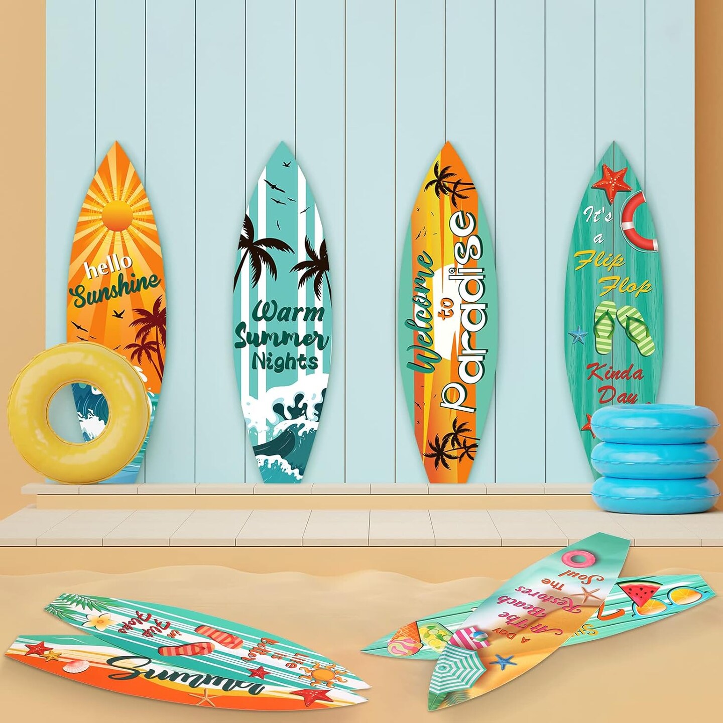 9 Pcs Surfboard Beach Signs Cutouts Paper Wall Decorations Hawaii Party Supplies Tropical Bar Sign Summer Welcome to Paradise Flip Flop Decor for Luau Beach Pool Party