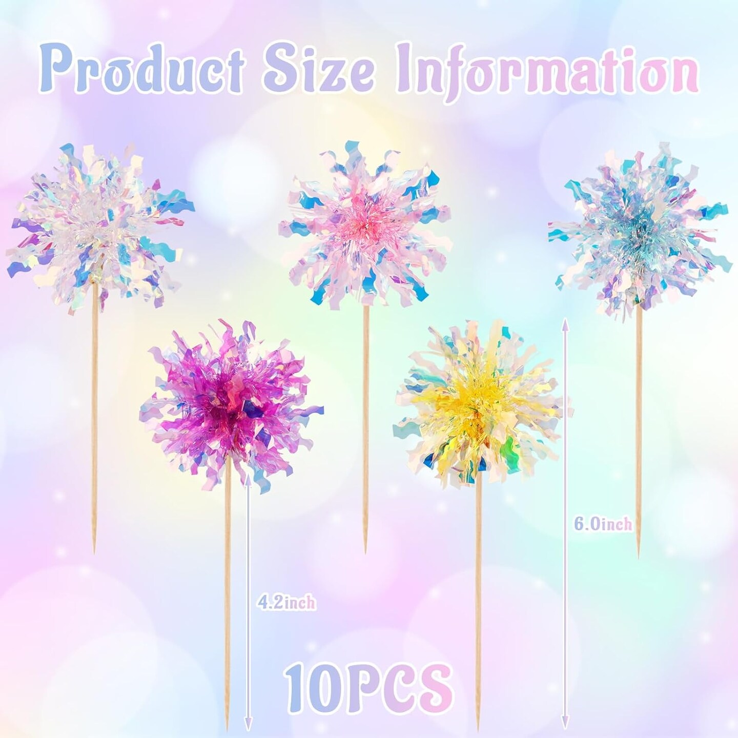 Firework Cupcake Topper 10pcs Sparkle Tinsel Cake Toppers Foil Frill Toothpicks Drink Stirrer Cake Cupcake Decoration Cocktail Picks for Birthday Wedding Graduation Party Supplies
