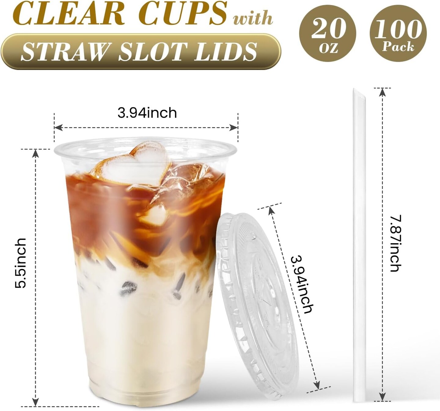 100-Pack 20oz Clear Plastic Iced Coffee Cups with Lids and Straws, Disposable To Go Cups for Smoothies, Milkshake, Cold Beverages