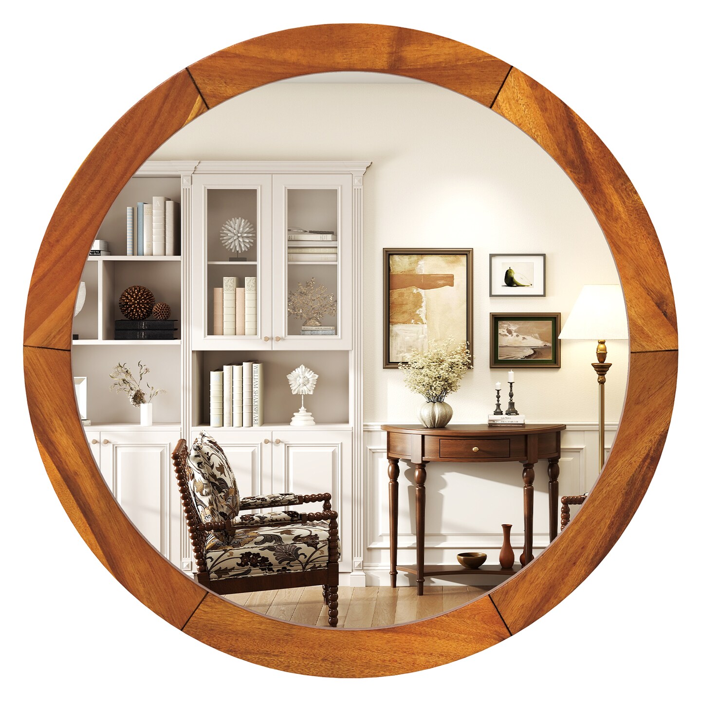27 Inch Decorative Round Wall Mirror with Shatterproof Glass and Smooth Brown Wood Frame