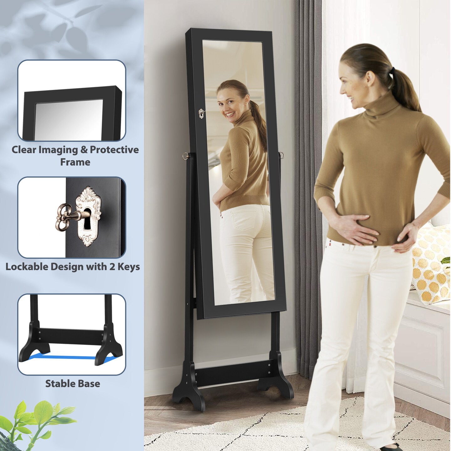 Full Length Mirror Jewelry Cabinet Armoire with Lock and Storage Space