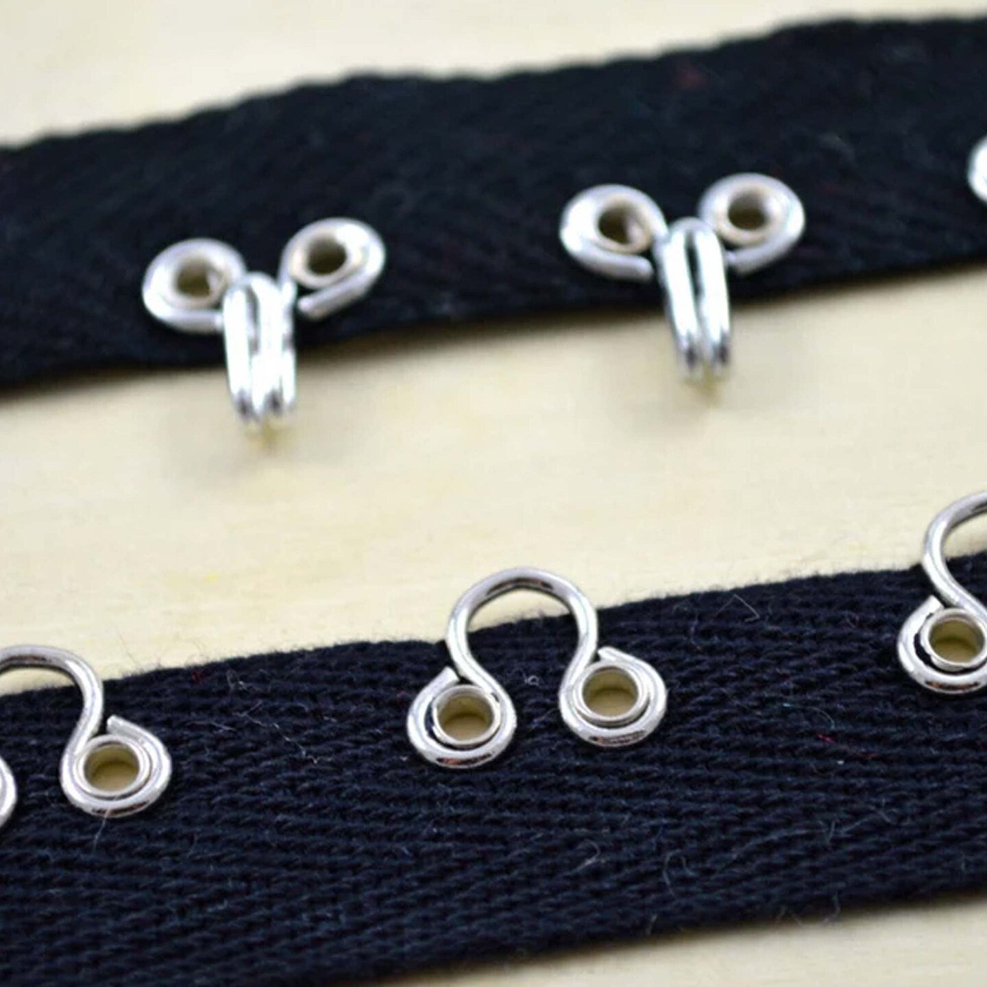 Black and Silver Heavy Duty Hook and Eye Tape 7/8&#x22; Cotton Twill Trim with Metal Closures