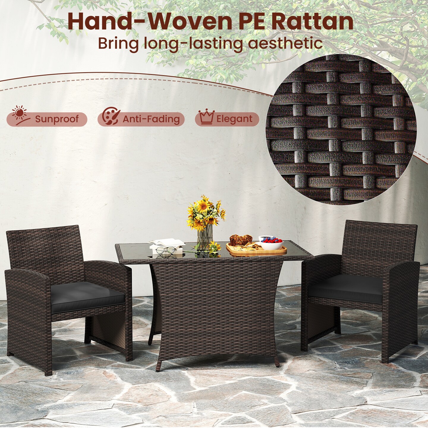 3 Piece Patio Wicker Dining Set with Rectangle Tempered Glass Dining Table-Brown
