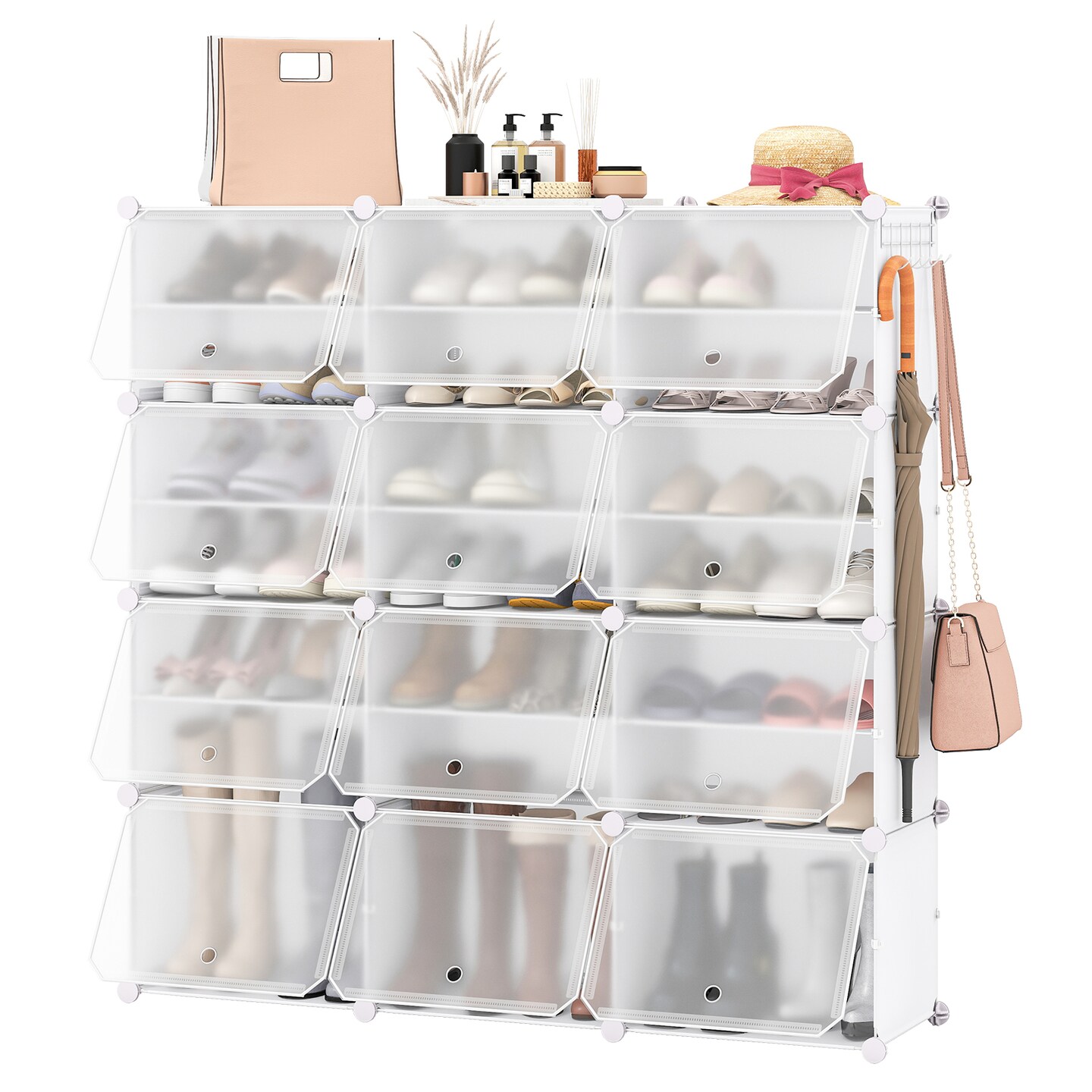 White Steel 12-Cube Modular Shoe Shelves Cabinet with Hooks and Dust-Proof Doors