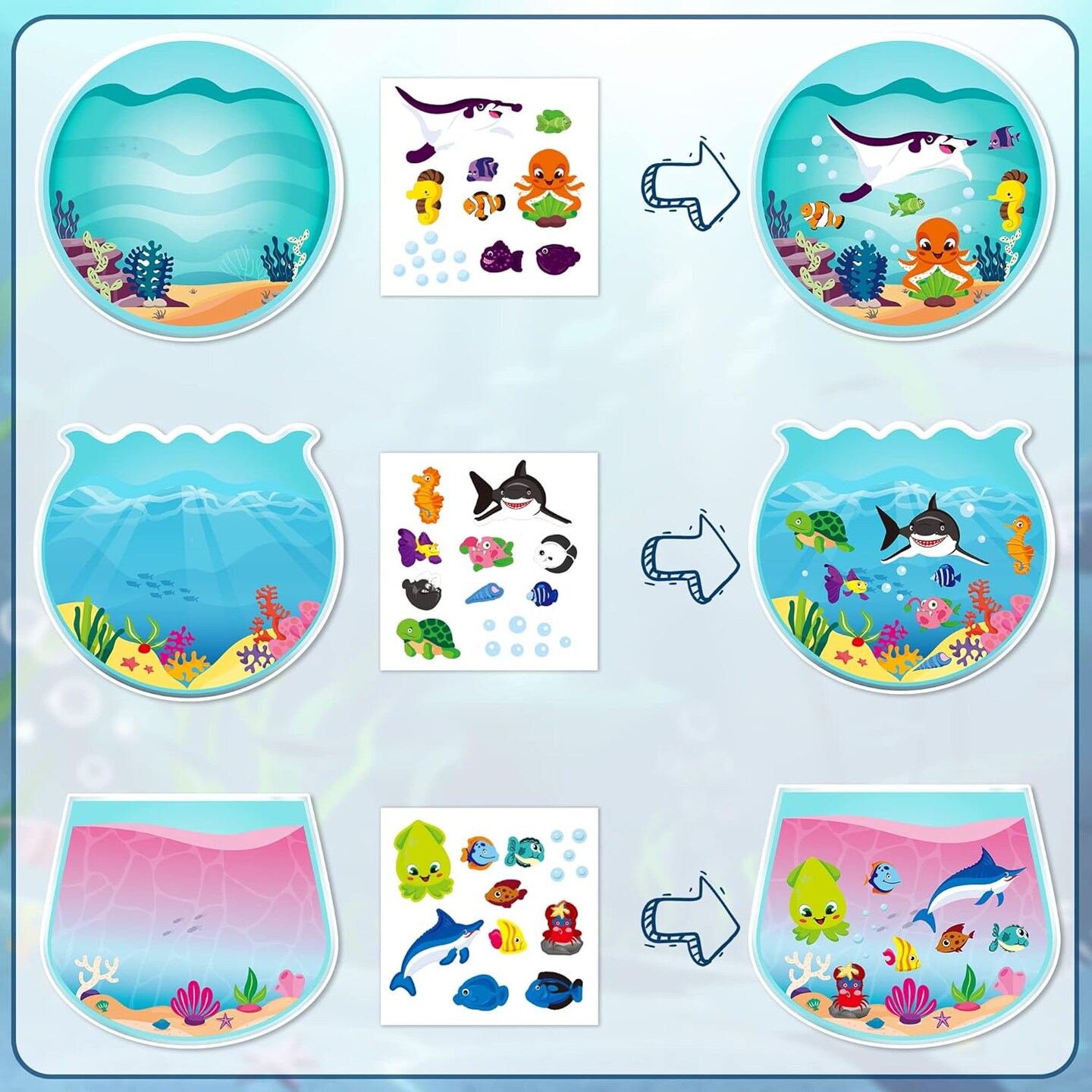 12PCS Summer Sea Animal Stickers for Kids, Make A Sea Sticker Scene with Sharks Tropical Fish, Make Your Own Ocean Animal Scene Art Craft, DIY Summer Party Games Class Activities