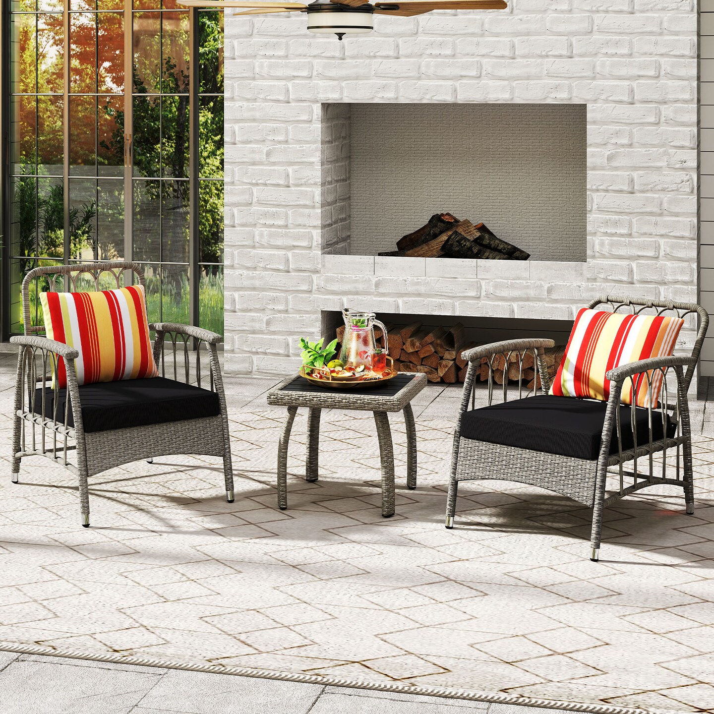 3-Piece Outdoor Patio Set Reclining PE Rattan Chairs with Cushions &#x26; Coffee Table, Adjustable Backrests, Mix Gray