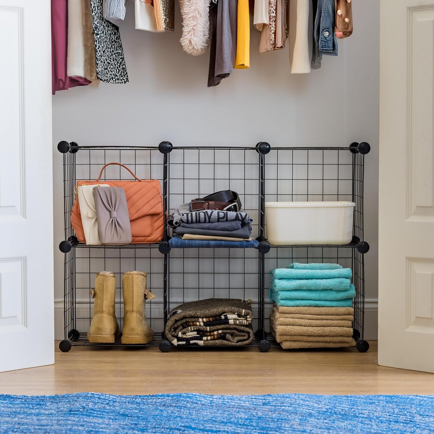 IRIS USA 6-Cube Modular Wire Cube Storage Organizer, Adjustable & Expandable Metal Shelving, Stackable Wire Grid, 60 lb Capacity, Black