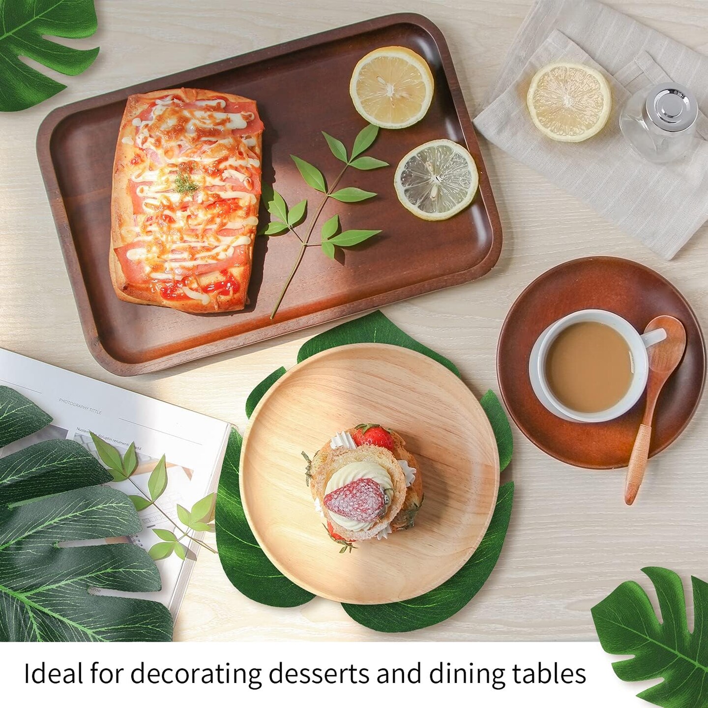 74 Pcs 7 Kinds Artificial Palm Leaves Tropical Fake Leaves, Monstera Leaf for Safari Jungle Hawaiian Dinosaur Luau Party Table Decoration Wedding Birthday Theme Party