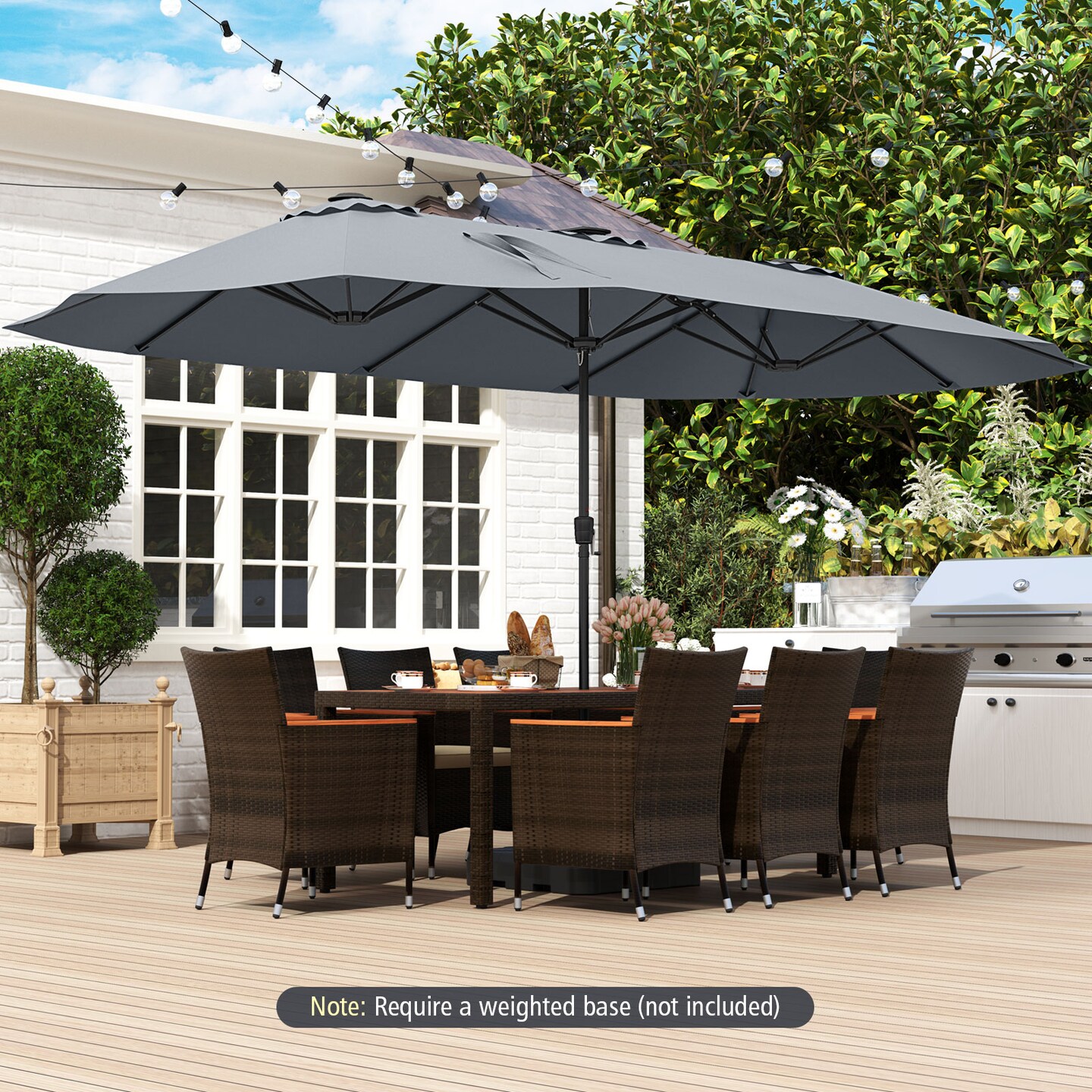 Extra Large LED Patio Umbrella, Double-Tier Canopy with Crank and Solar Lights