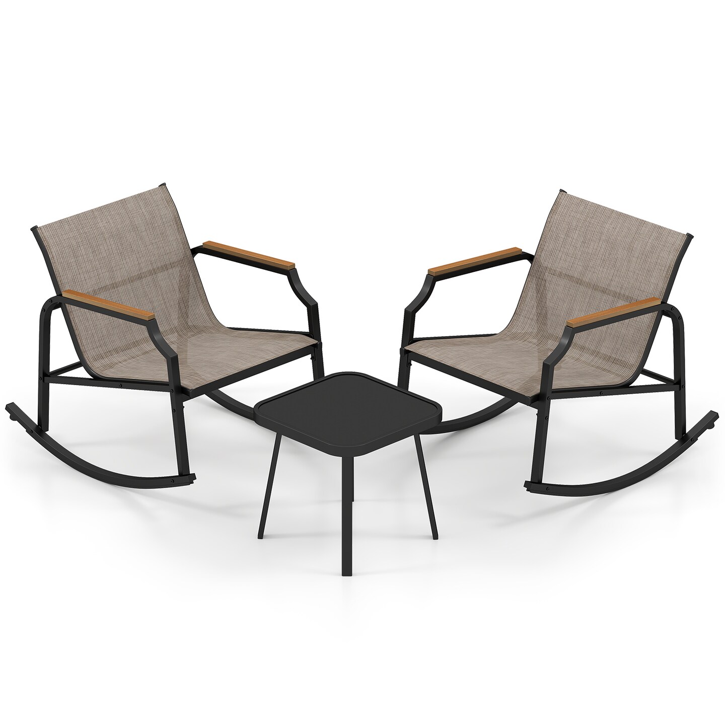 3-Piece Patio Rocking Bistro Set Black &#x26; Brown Metal Chairs with Quick-Dry Fabric
