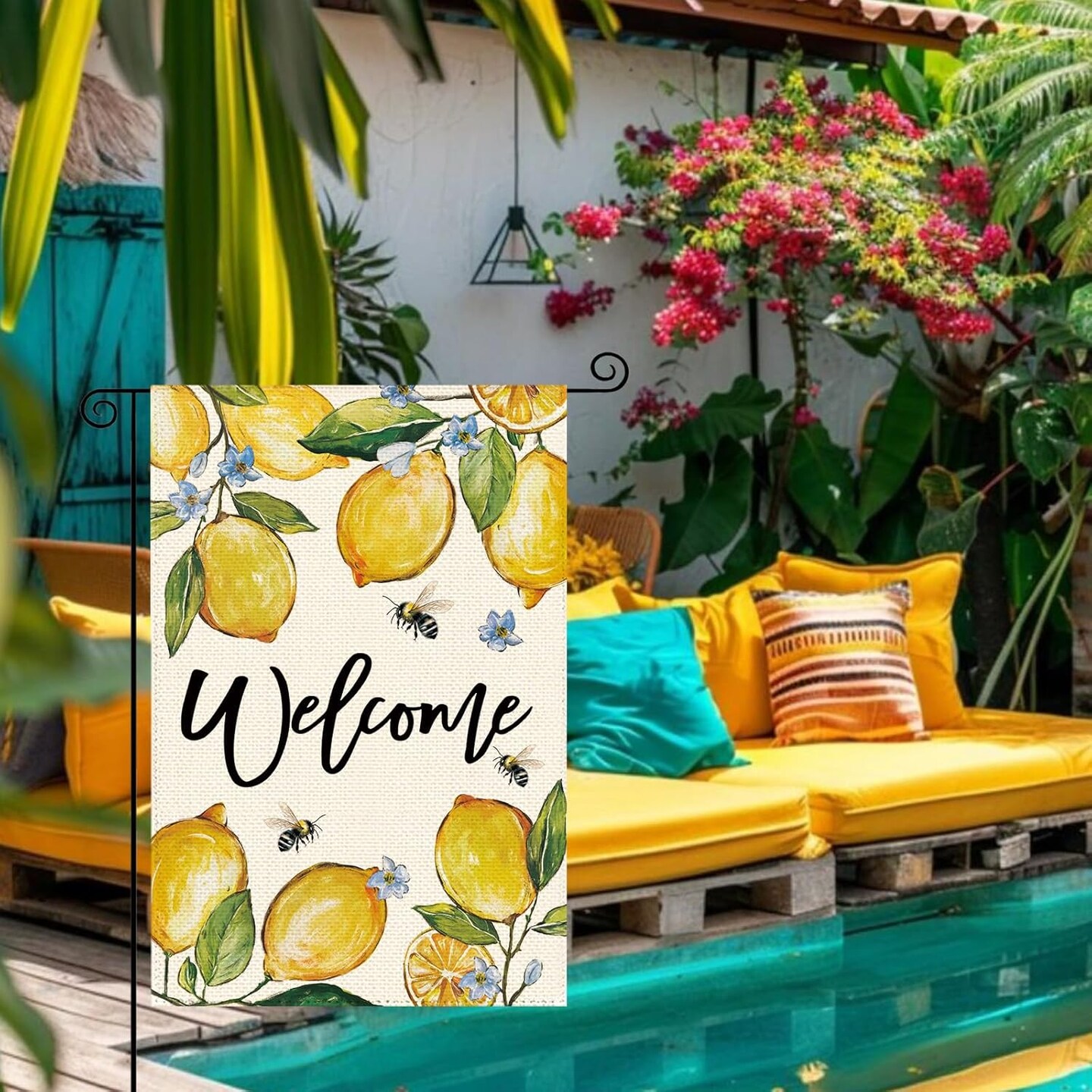 Spring Summer Lemon Welcome Garden Flag 12 x 18 Inch Double Sided, Yellow Lemon Fruit Bee Farmhouse Burlap Small Yard Flag Summer Seasonal Holiday Outdoor Outside Decoration