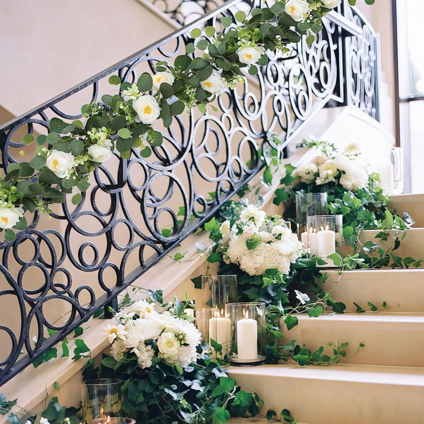 2 Pack 5.9Ft Artificial Eucalyptus Garland with Flowers Fake White Rose Vines Greenery Garland Hanging Plants Decor for Wedding Arch Centerpiece Party Table Backdrop Decoration