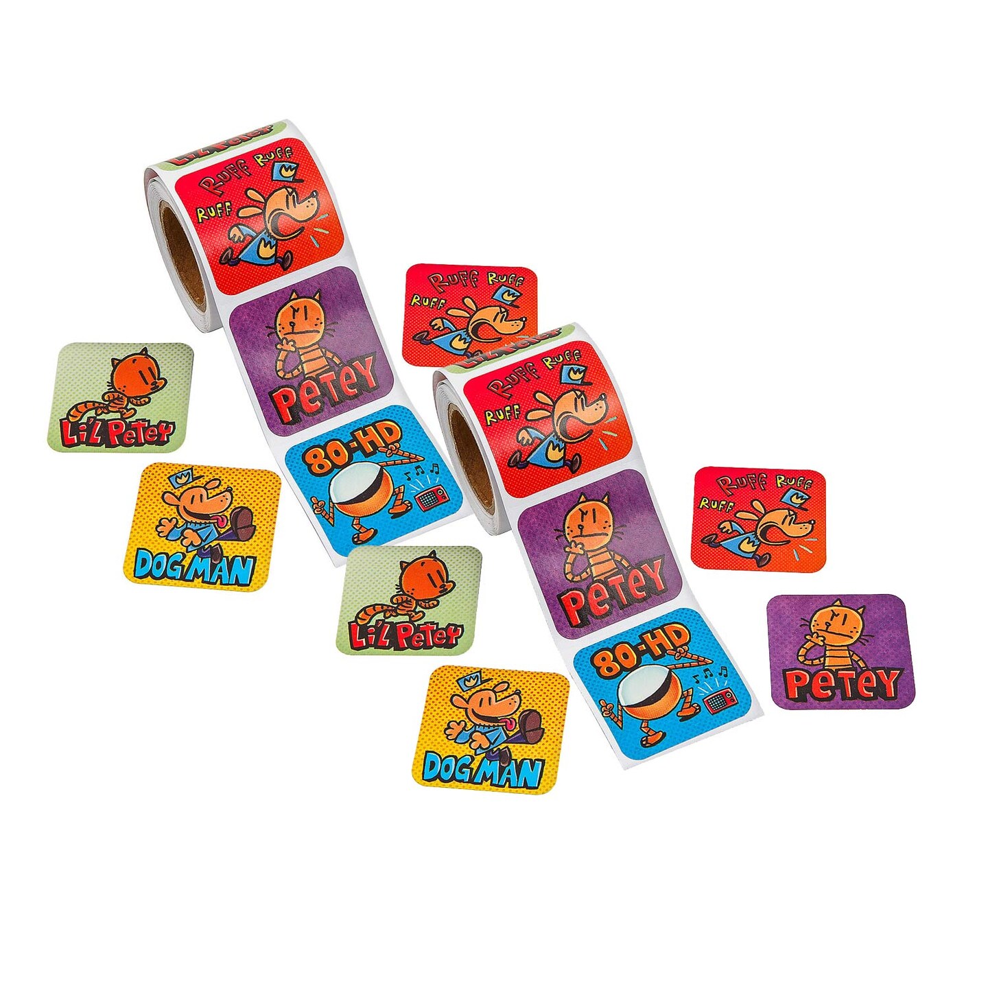 Dog Man Characters Sticker Roll 100 Pieces 1 1/2" x 1 1/2" Fan-Favorite Stickers