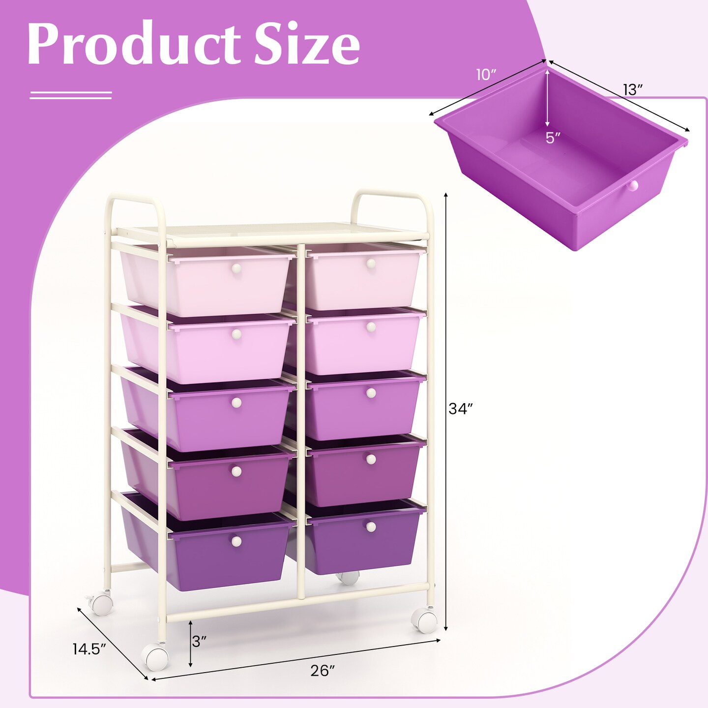 Rolling Storage Organizer Cart with 10 Drawers and Mesh Top Shelf