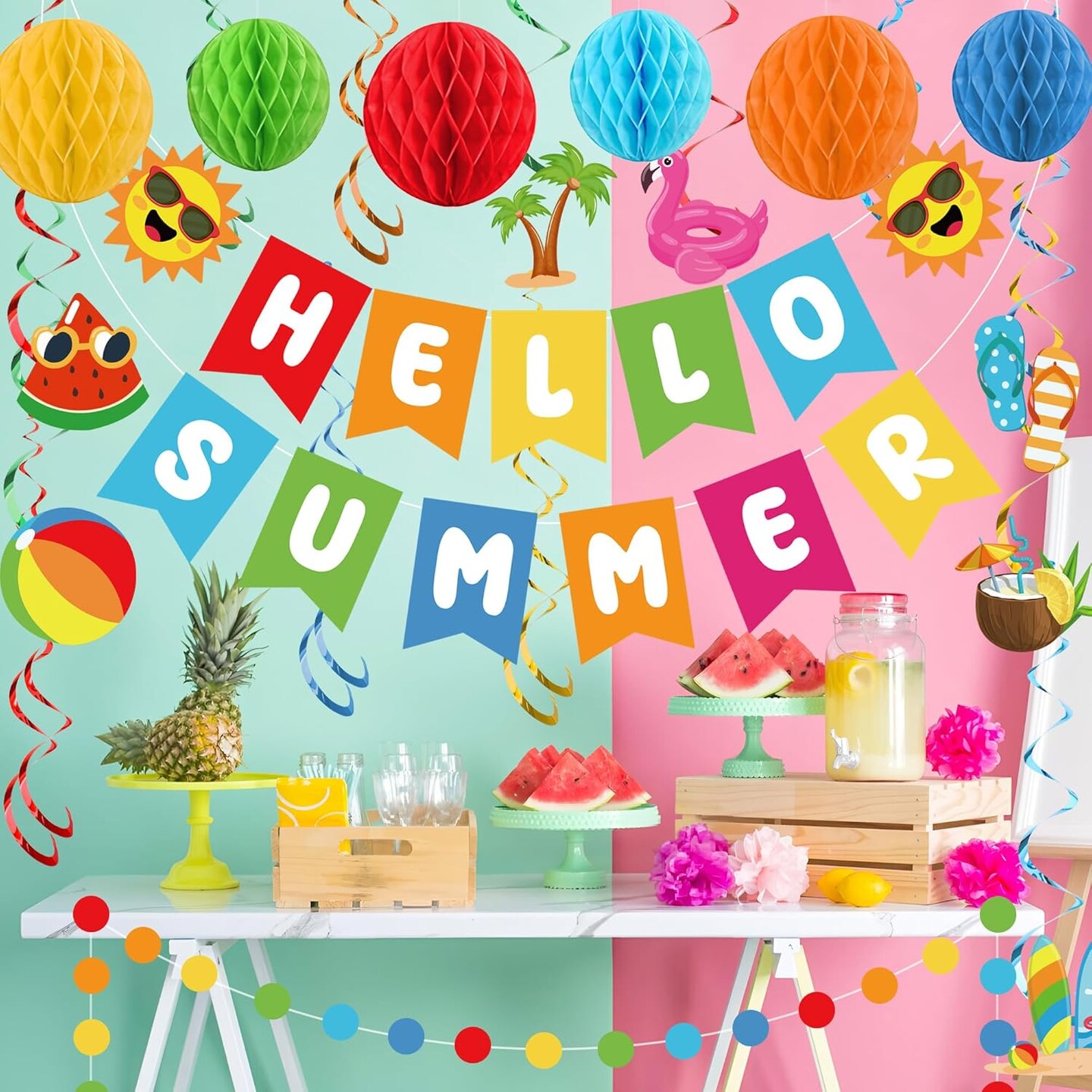 Summer Party Decoration Hello Summer Banner Colorful Beach Pool Theme Banners Pre-strung Pool Banner Hanging Swirls Honeycomb Balls Circle Dots Garland for Holiday Beach Party Decorations Supplies