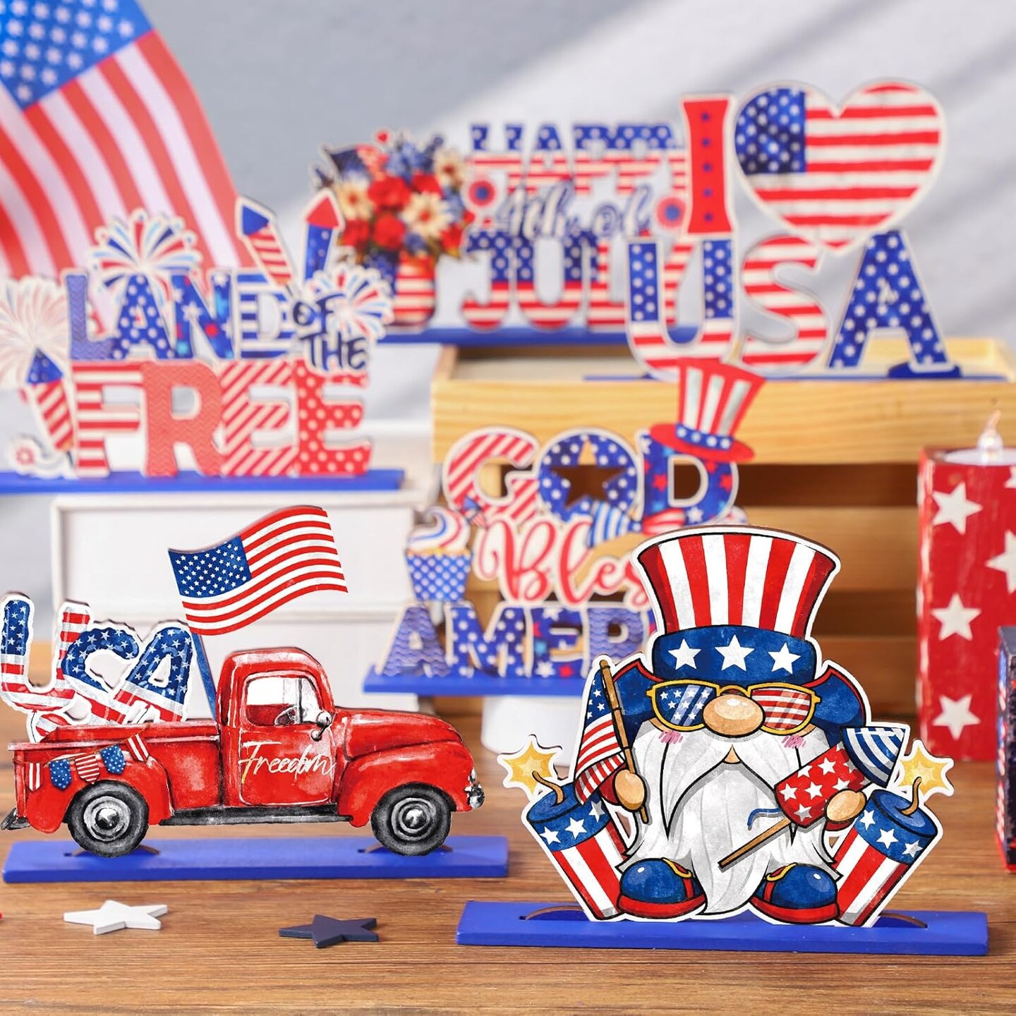 6 Pieces 4th of July Table Decoration Patriotic Wooden Table Centerpiece Independence Day Red White and Blue Gnome Letter Sign Home of America Table Decoration for Memorial Day Home Party Decor