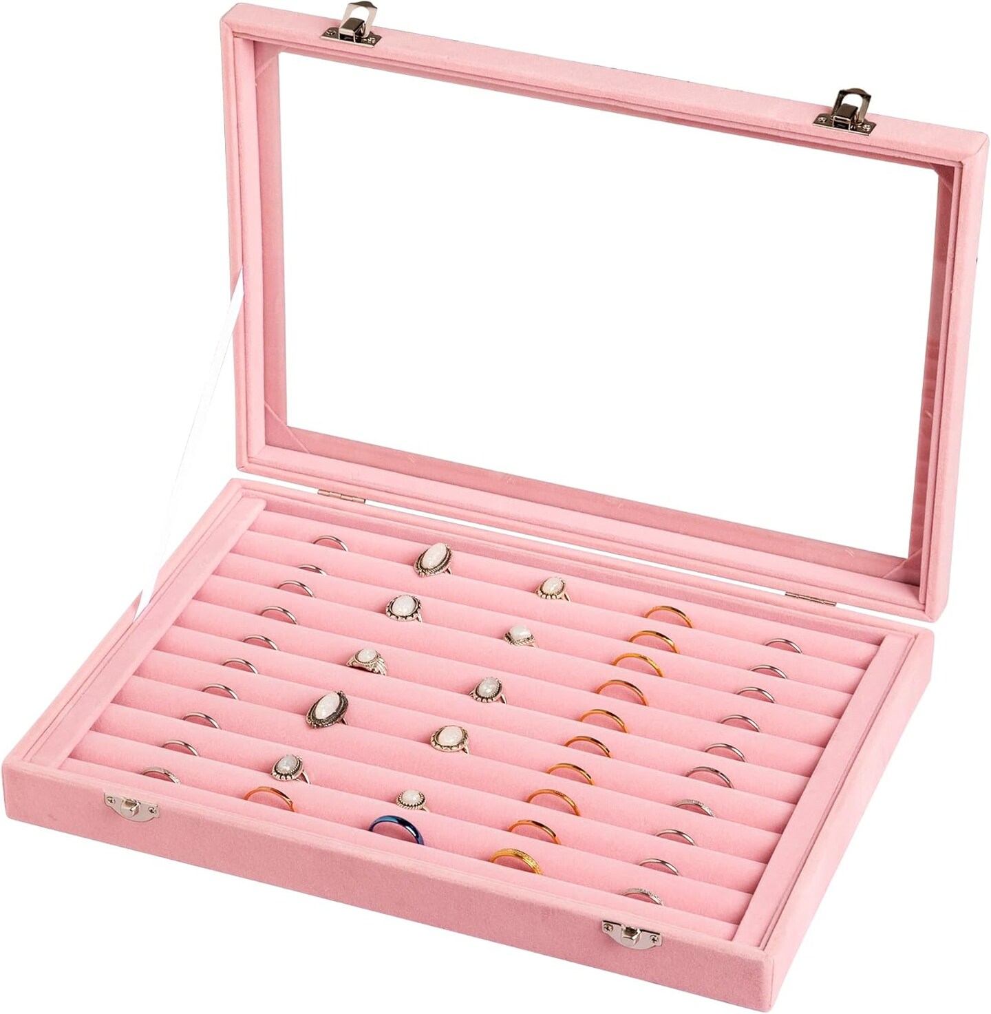 Pink Velvet Jewelry Organizer Tray with Clear Glass Lid – 10-Slot Ring & Earring Display Case for Women and Girls