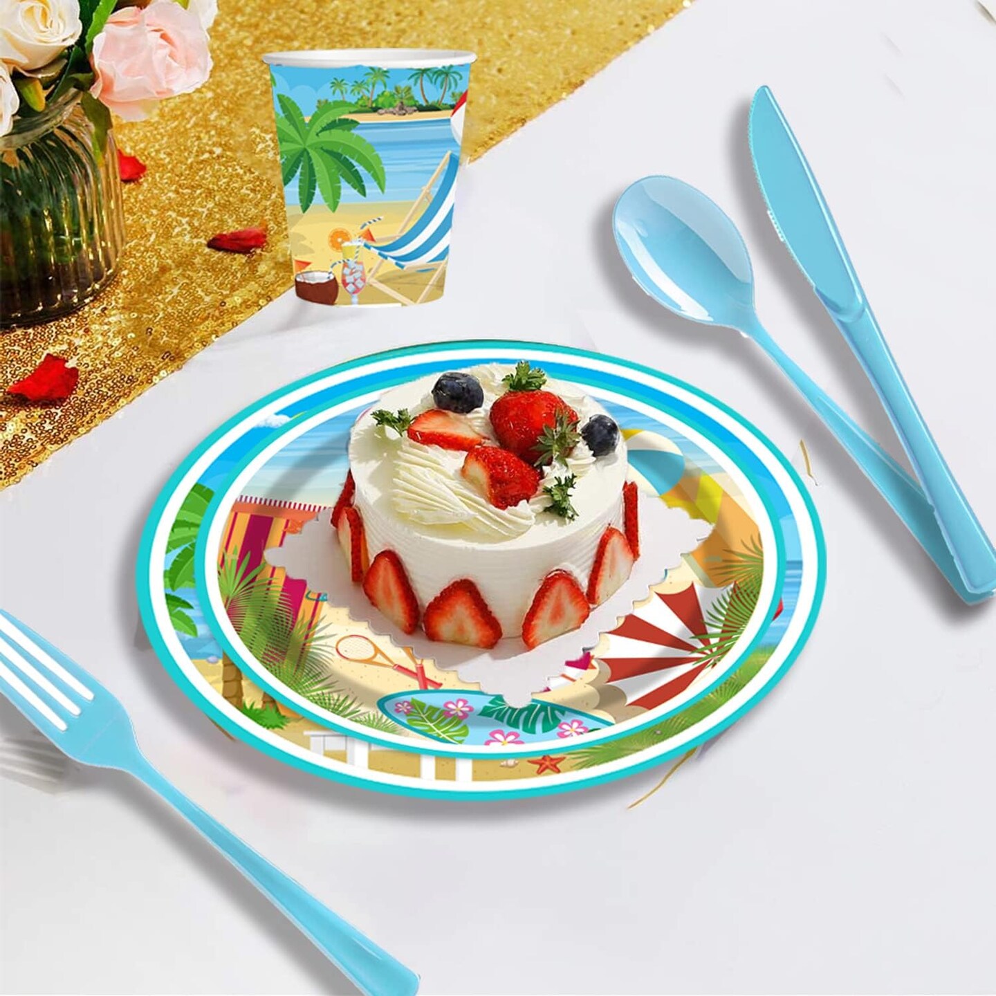 177 pcs Beach Party Supply Disposable Tableware Set with Tablecloth Paper Plates Napkins Cups Plastic Forks Knives Spoons