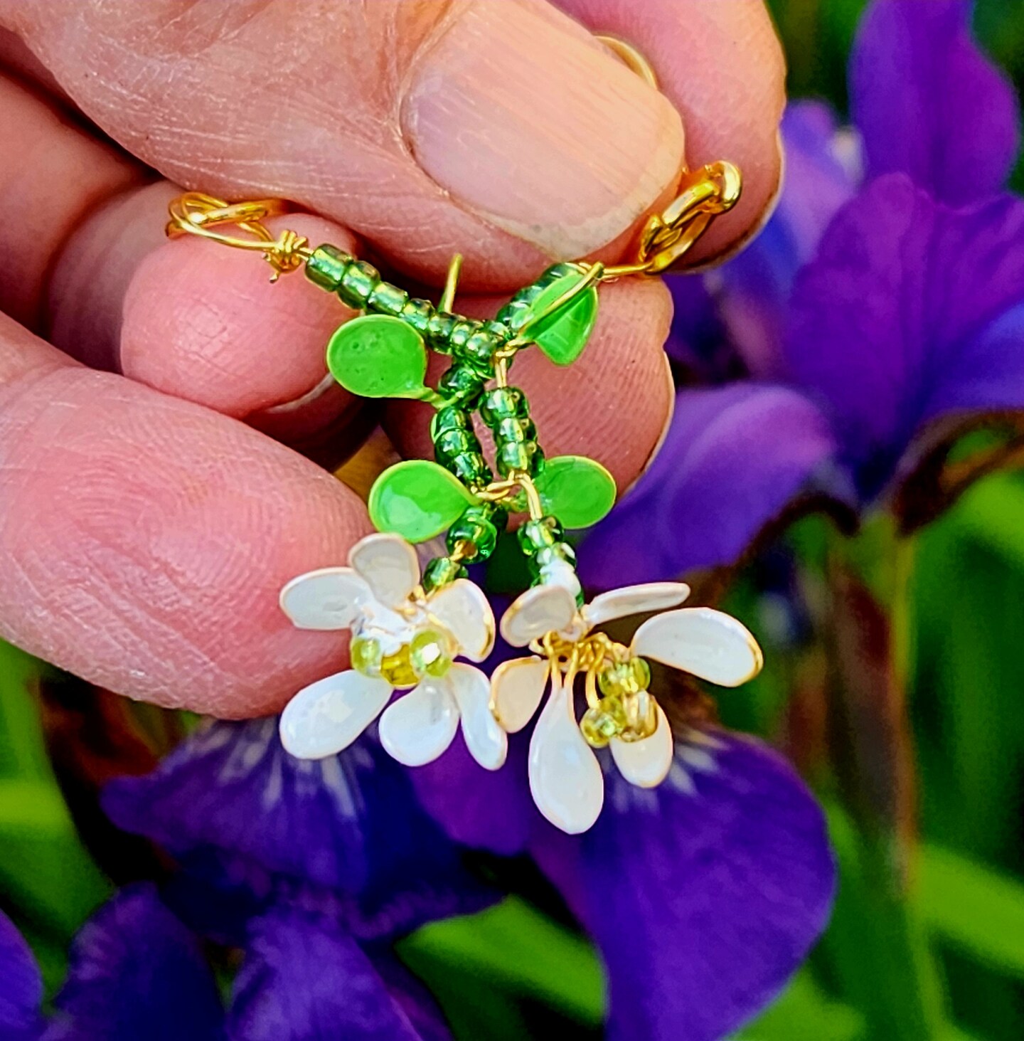 Beaded White Daisy Dangling Earrings with Gold Wire Wrapping. Hand