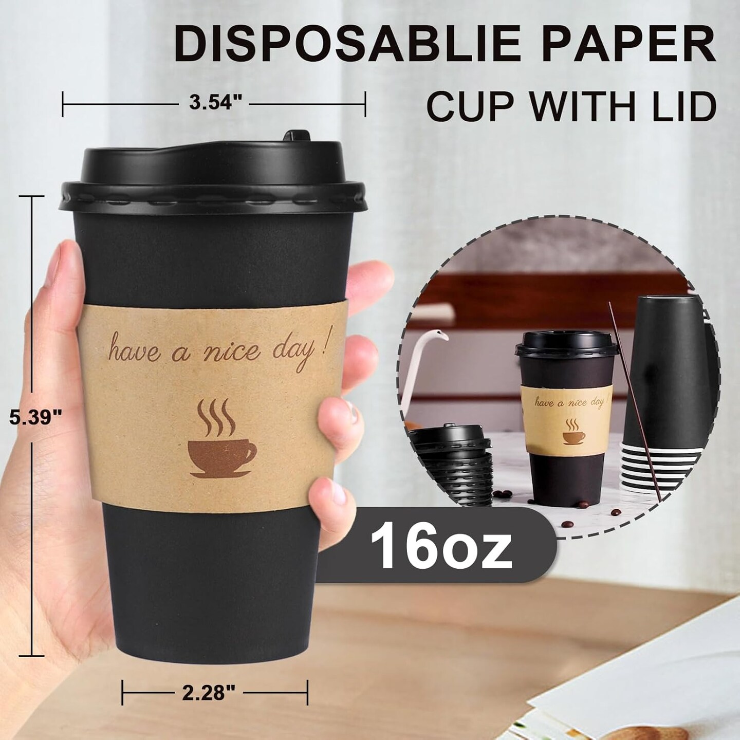100 Pack 16 oz Coffee Cups with Lids, Disposable To Go Paper Coffee Cups with Sleeves and Stirring Sticks for Hot/Cold Drinks Office Home Shop Event (Black)