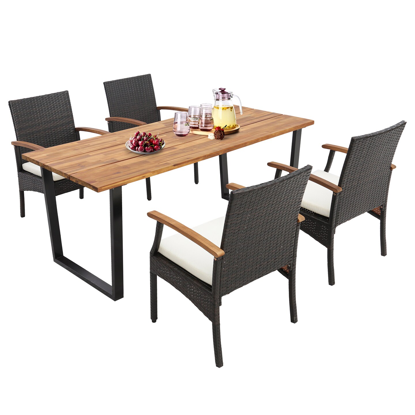 7-Piece Outdoor Patio Dining Set with Acacia Wood Table & Cushioned PE Rattan Chairs