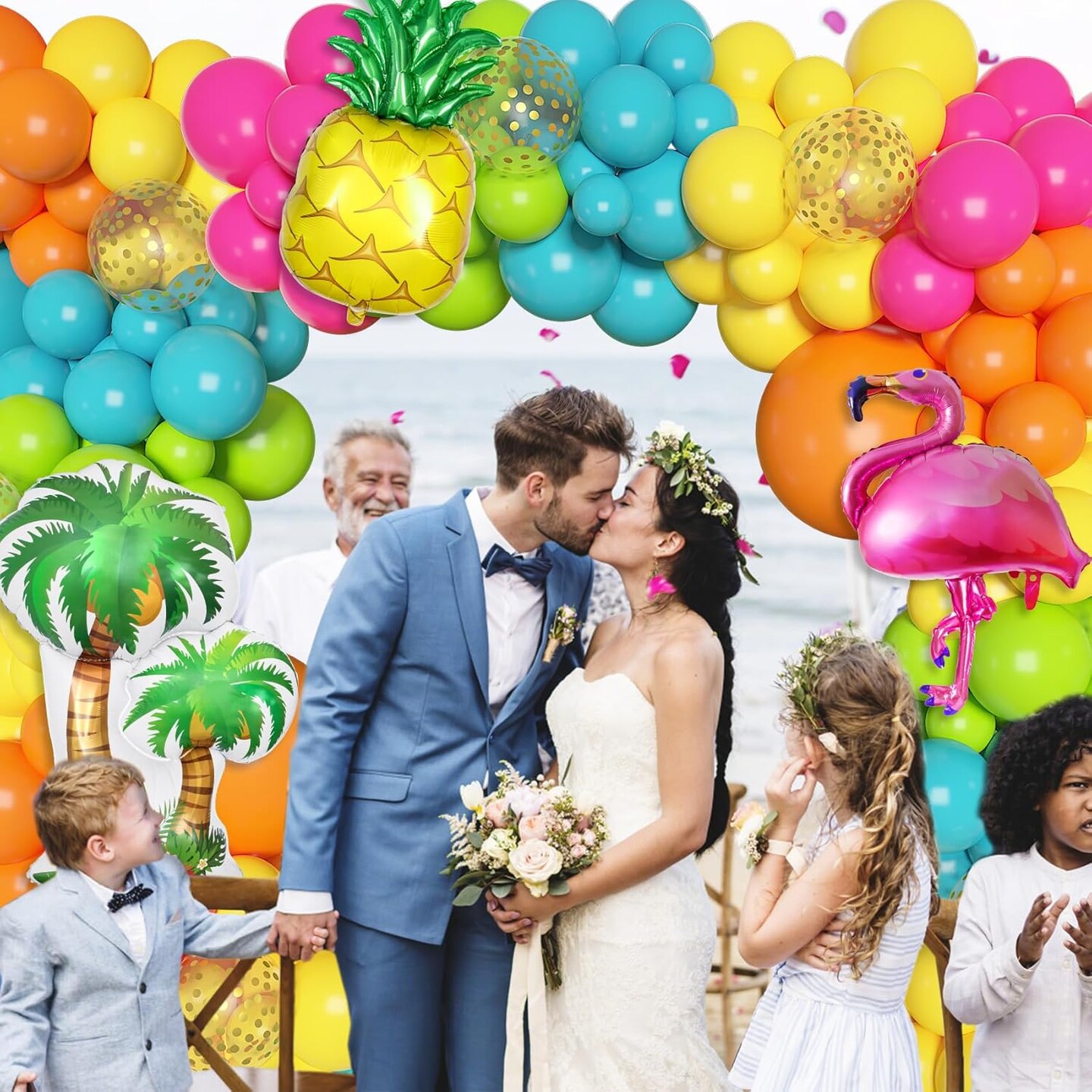 187 Pcs Summer Tropical Balloons Garland Arch Kit, Hawaiian Luau Party Decorations, Hot Pink Fruit Green Lake Blue Flamingo Coconut Tree Balloon for Beach Aloha Pool Birthday Baby Shower