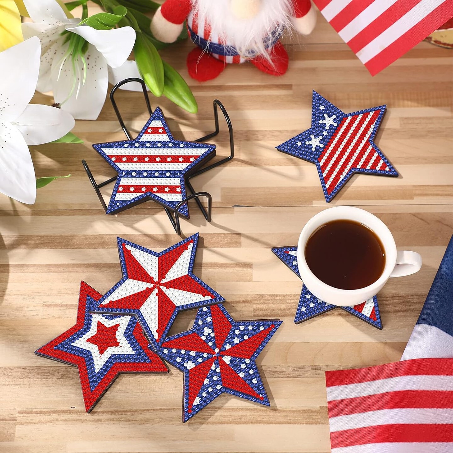 8 Pcs 4th of July Patriotic Diamond Art Coasters Memorial Day Star Diamond Painting Coasters with Holder Red White Blue Independence Day Rhinestones Gem Art Kit