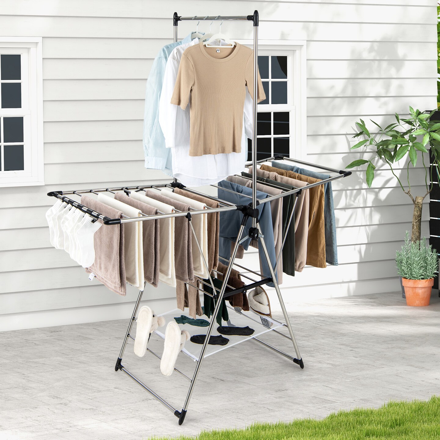 Silver Stainless Steel Folding Drying Rack with Adjustable Height, Side Clips and Shoe Holders