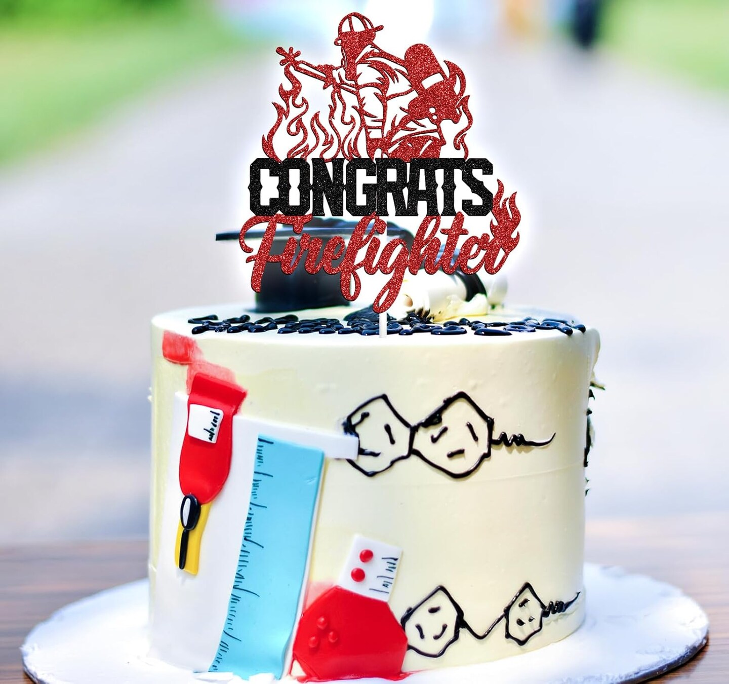 Congrats Firefighter Cake Topper, Class of 2025/Congrats Grad, Fire Department Graduation Party Decoration Supplies for Fireman, Black and Red Glitter