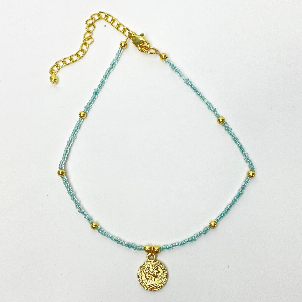 Blue Glass Bead Necklace with Brass Coin Pendant 12 Inch Length plus Extender for Layering