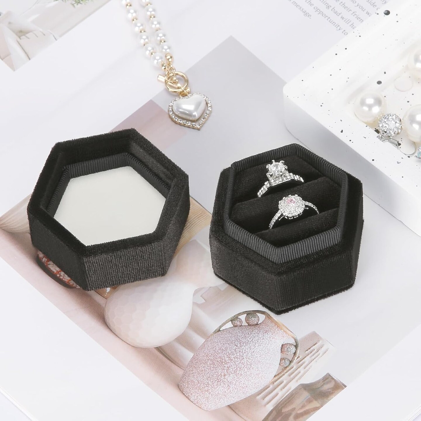 Velvet Wedding Ring Box 1 2 3 Slots, Ring Box Jewelry Storage Case for Wedding Day Engagement Proposal Ceremony (Black, 2 SLOTS)