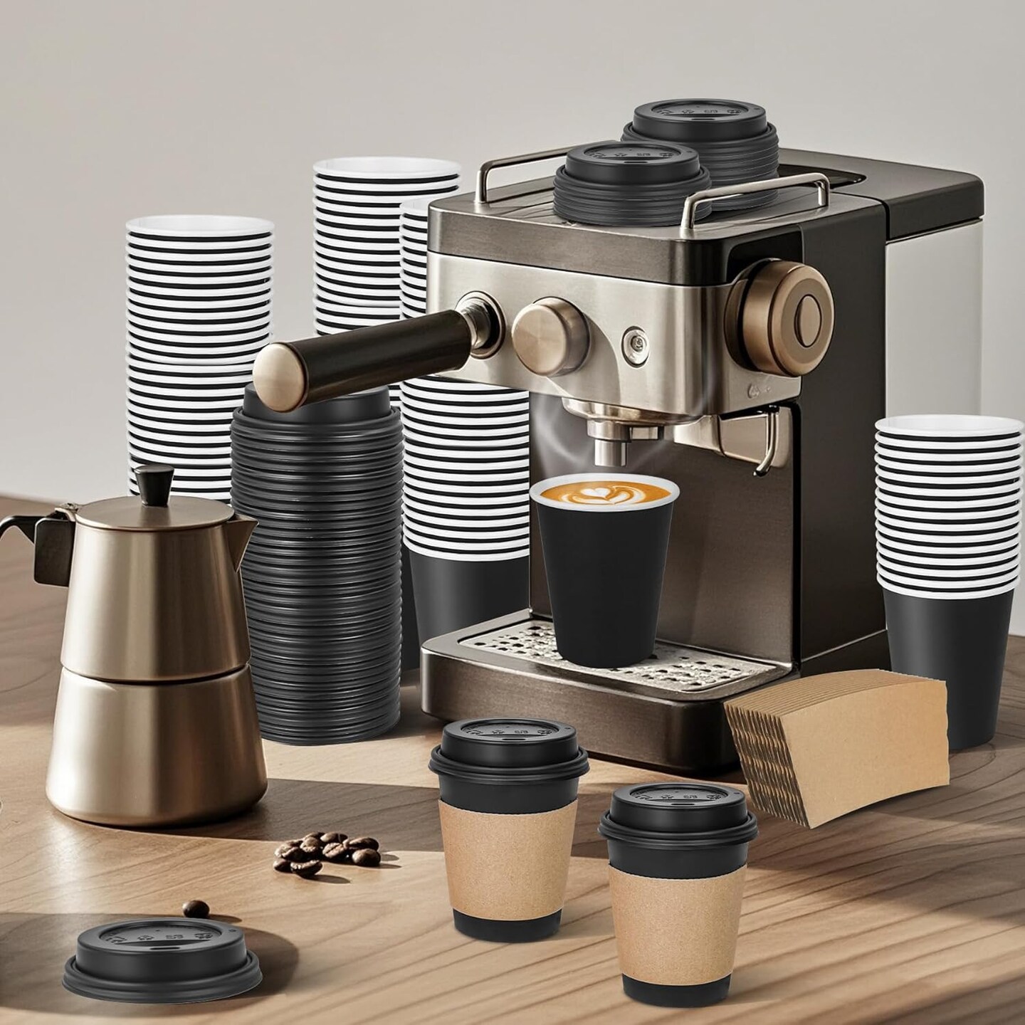 Disposable Paper Coffee Cups with Lids and Sleeves, Heat-Resistant Leak-Proof Black To Go Paper Cups for Hot Coffee, Cocoa, Chocolate and Espresso