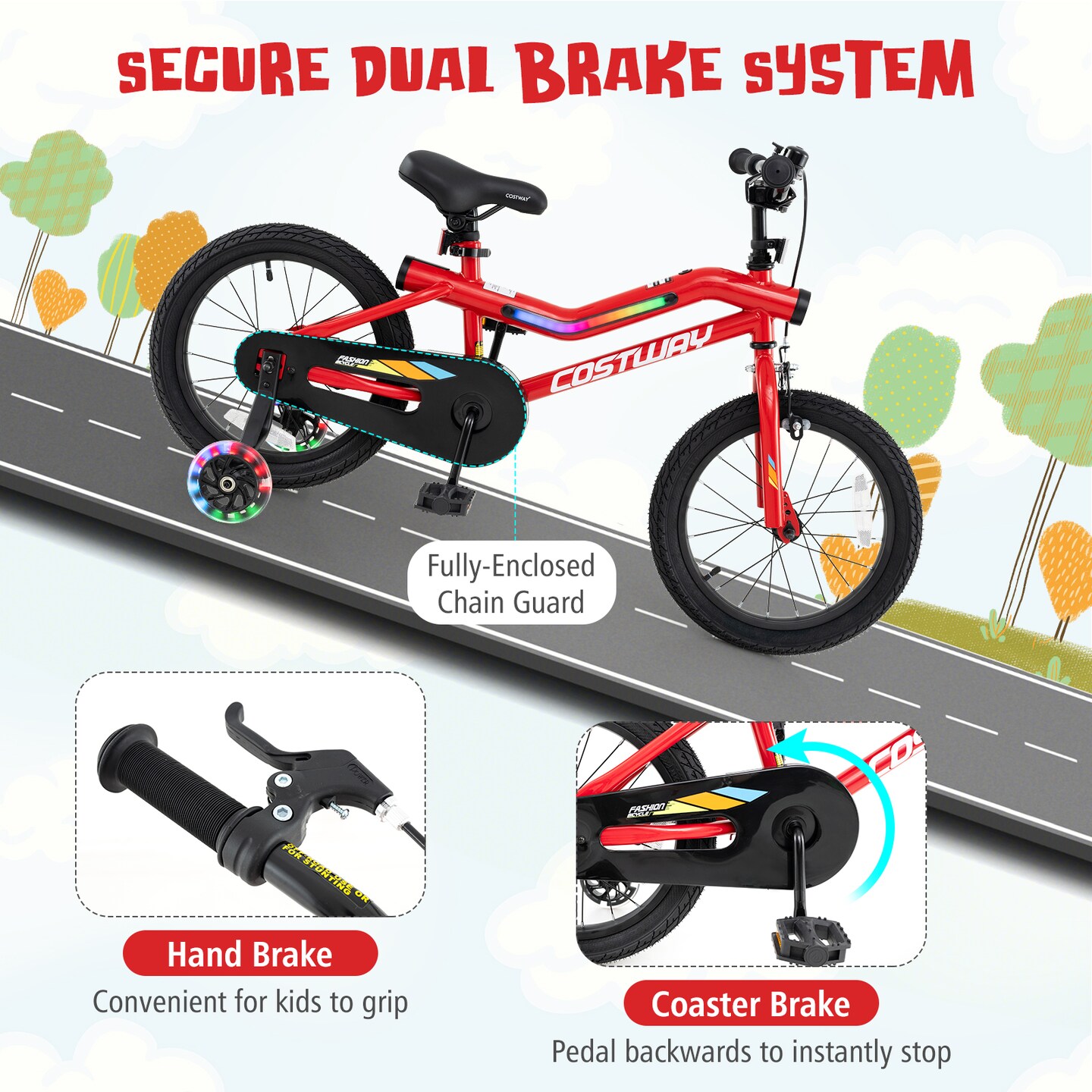 16-Inch Kids Bike with Adjustable Seat, LED Lights, and Safety Features for Ages 4-8
