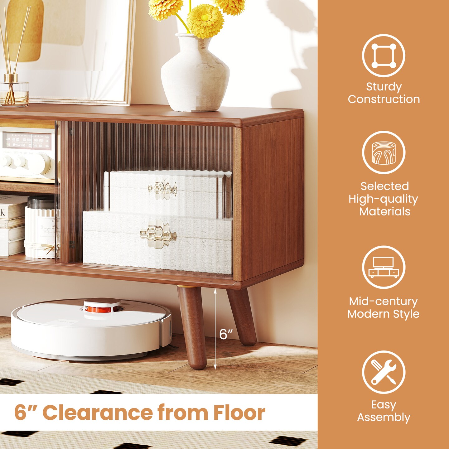 Modern Wicker TV Console with Rubber Wood Legs Adjustable Shelves and Rattan Sliding Door Design