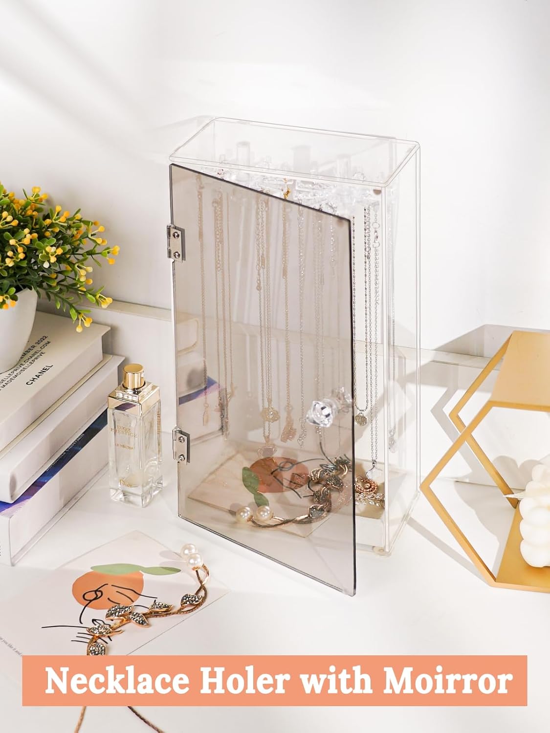 Necklace Holder Organizer, Acrylic Jewelry Organizer with Velvet Tray &#x26; Built-in Mirror, 24 Hooks Dustproof Clear Jewelry Box Storage Stand, Ring Earrings Bracelets Display Case for Women