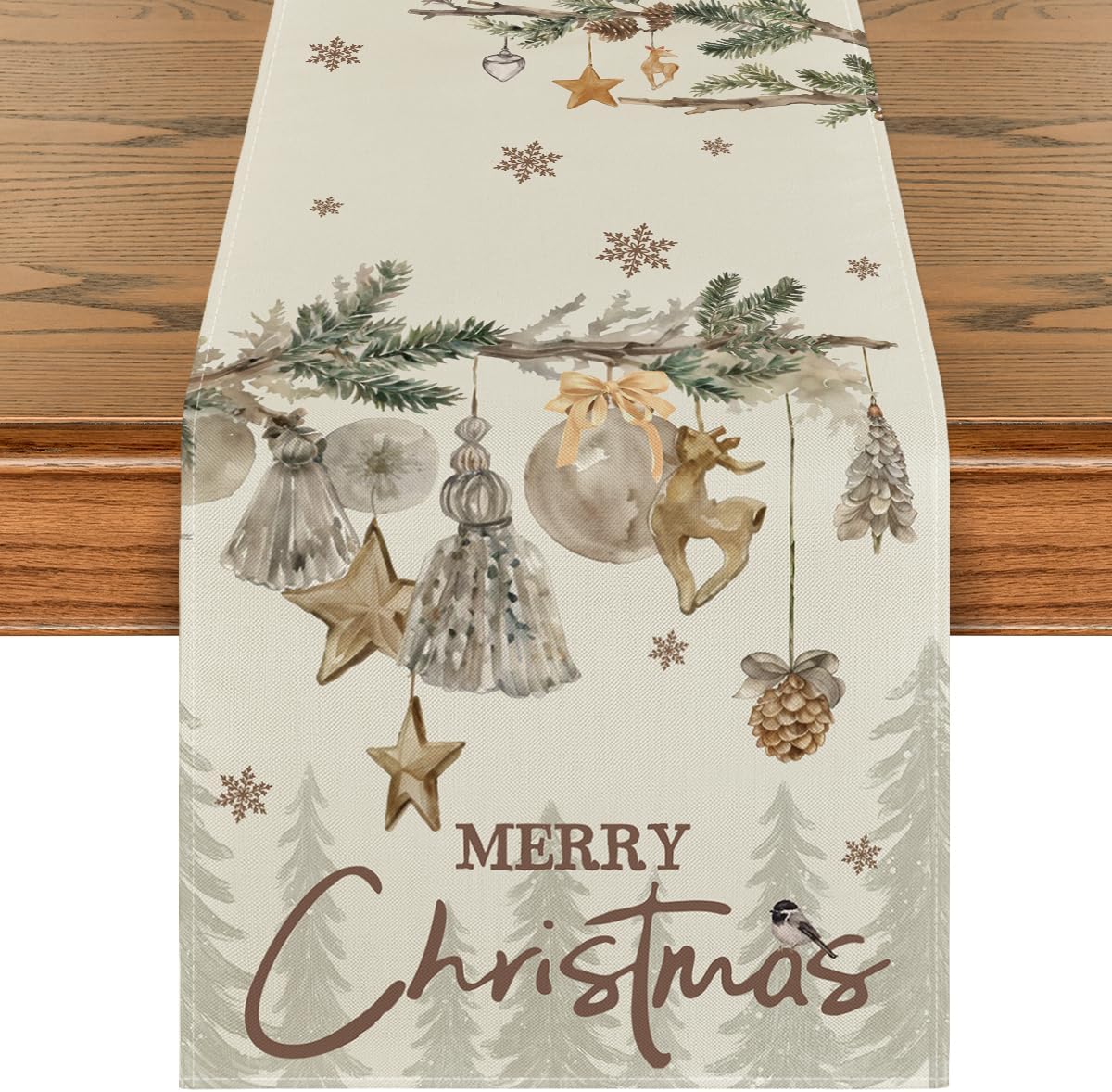 Xmas Pine Ornament Snowflake Merry Christmas Table Runner, Seasonal Winter Kitchen Dining Table Decoration for Home Party Decor 13x72 Inch